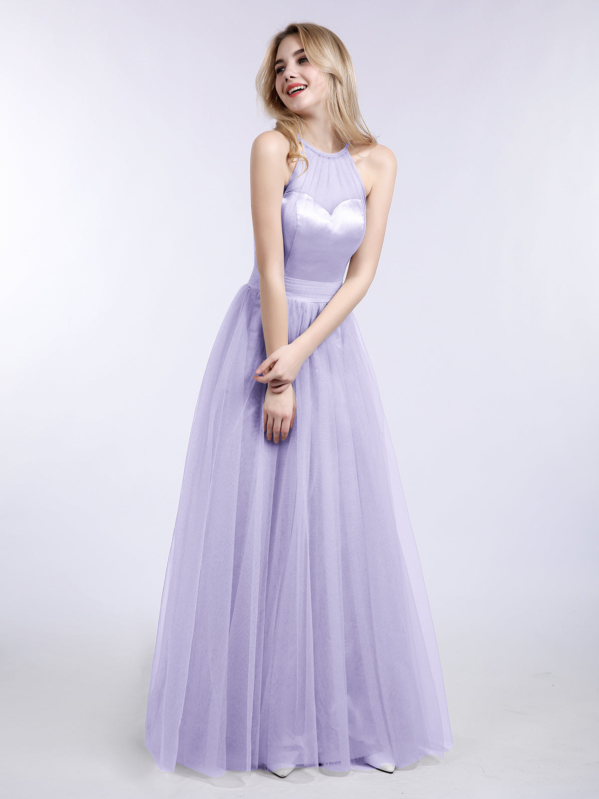 BABARONI Illusion Neckline Long Tulle Dress-Lilac, Lilac / US0