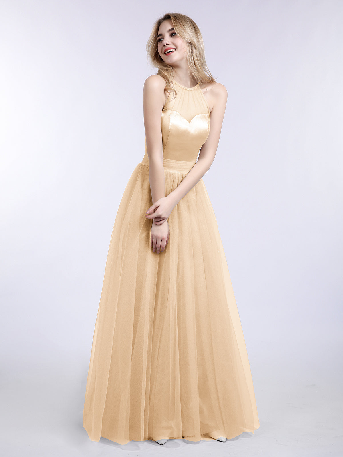BABARONI Illusion Neckline Long Tulle Dress-Peach Plus Size, Peach / US18 BABARONI Illusion Neckline Long Tulle Dress-Peach Plus Size, Peach / US18
