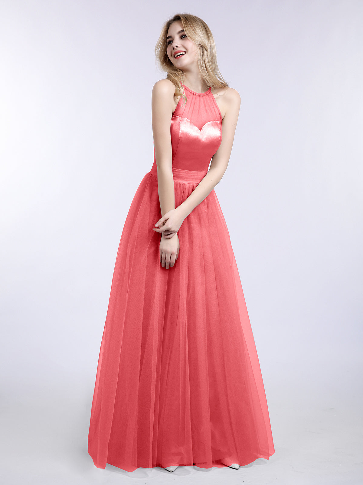 BABARONI Illusion Neckline Long Tulle Dress-Watermelon, Watermelon / US0