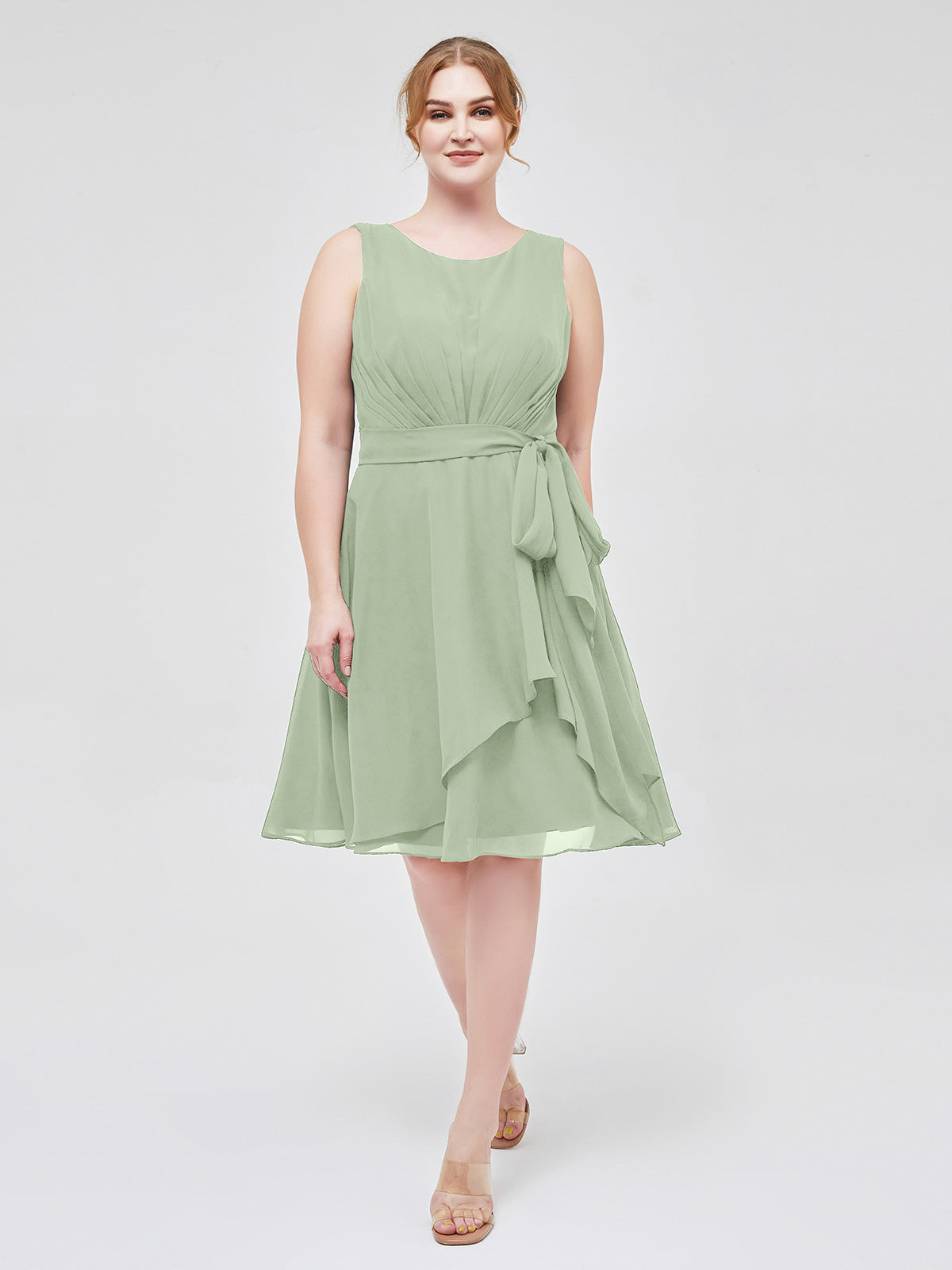 BABARONI Scoop Neck Chiffon Short Dress with Sash Bow Dusty Sage, Dusty Sage / US0
