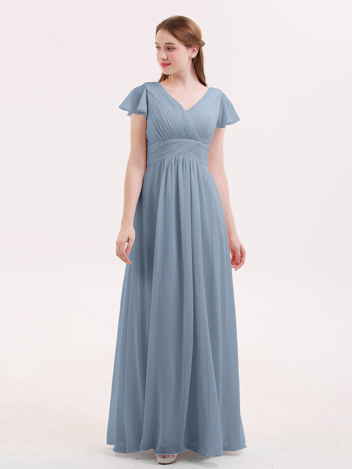 BABARONI Cap Sleeves Chiffon Long Bridesmaid Dress Dusty Blue, Dusty Blue / US0