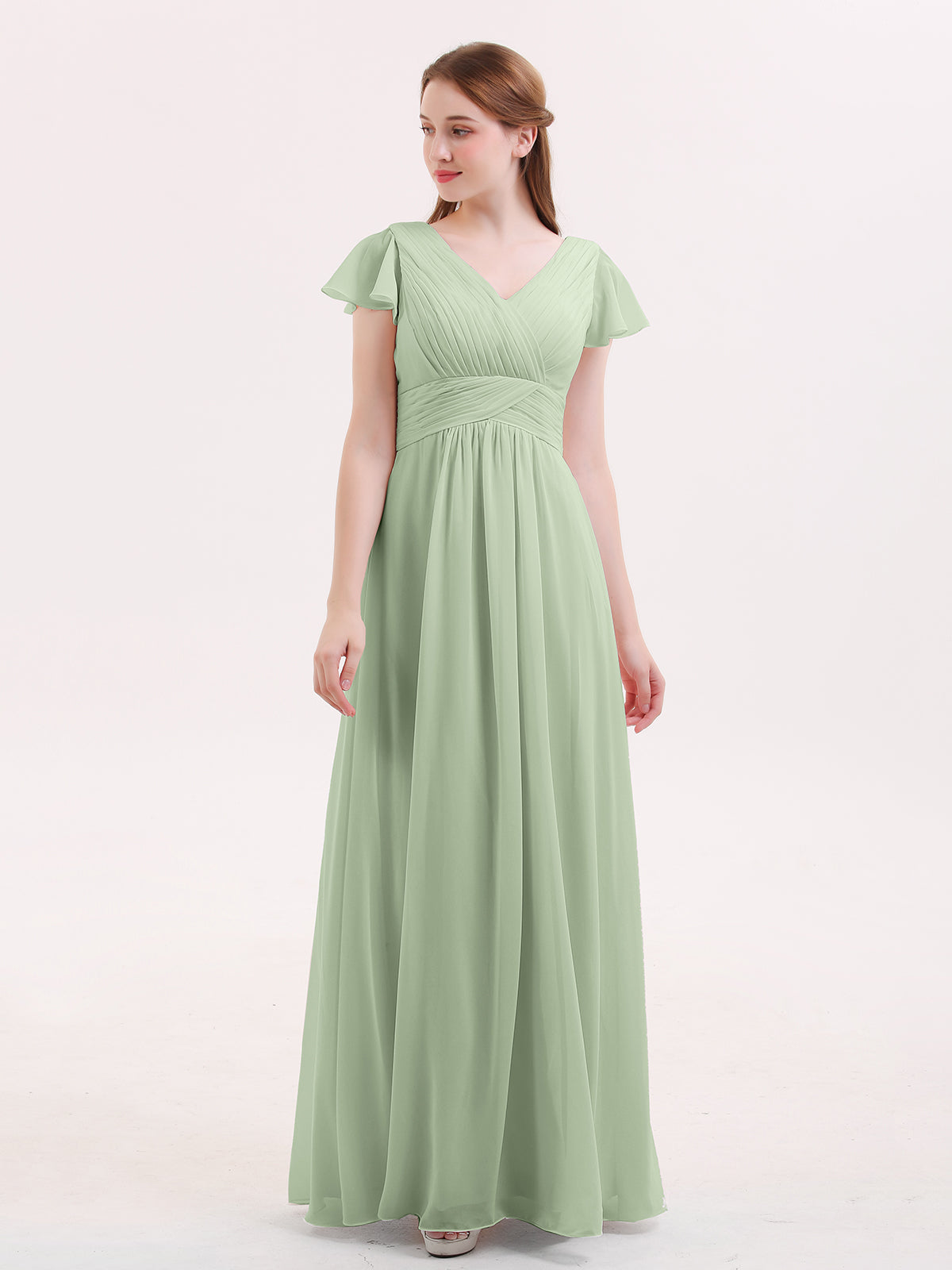 BABARONI Cap Sleeves Chiffon Long Bridesmaid Dress Dusty Sage, Dusty Sage / US0