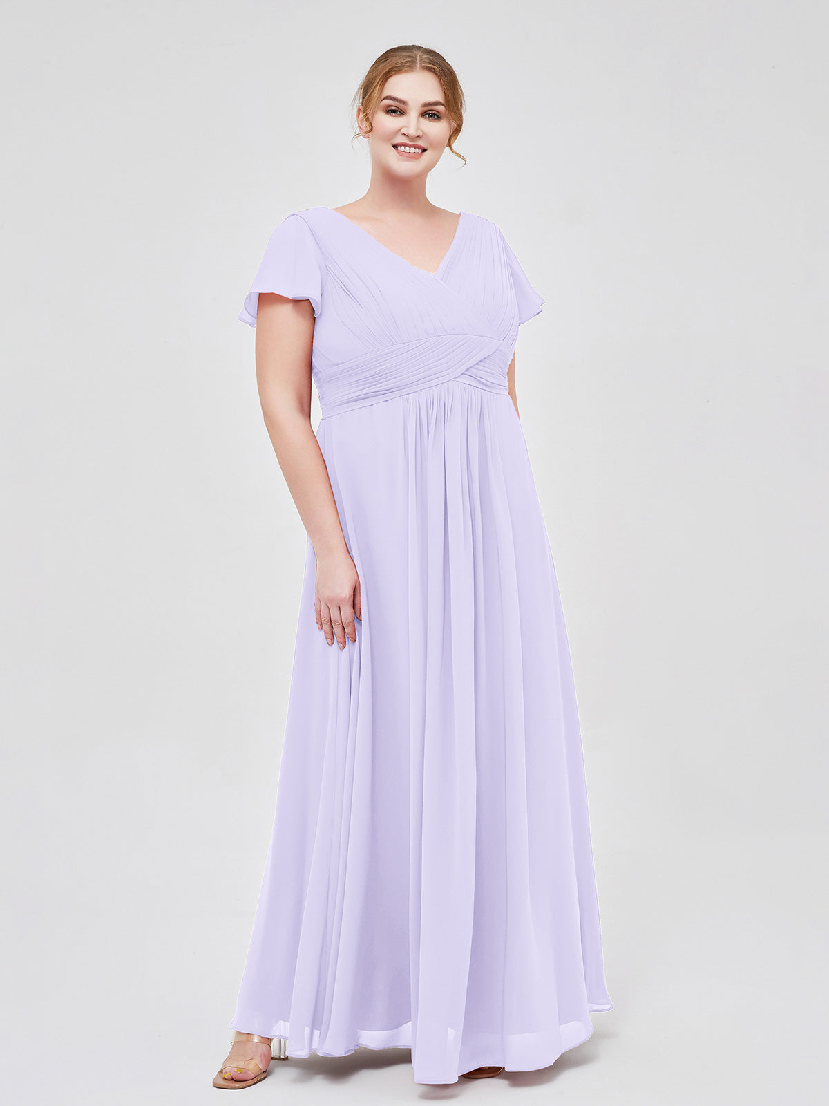blue dress for baby girl BABARONI Chiffon Lilac Bridesmaid Dresses V-neck Floor-length Cap Sleeve  Ruched A-line