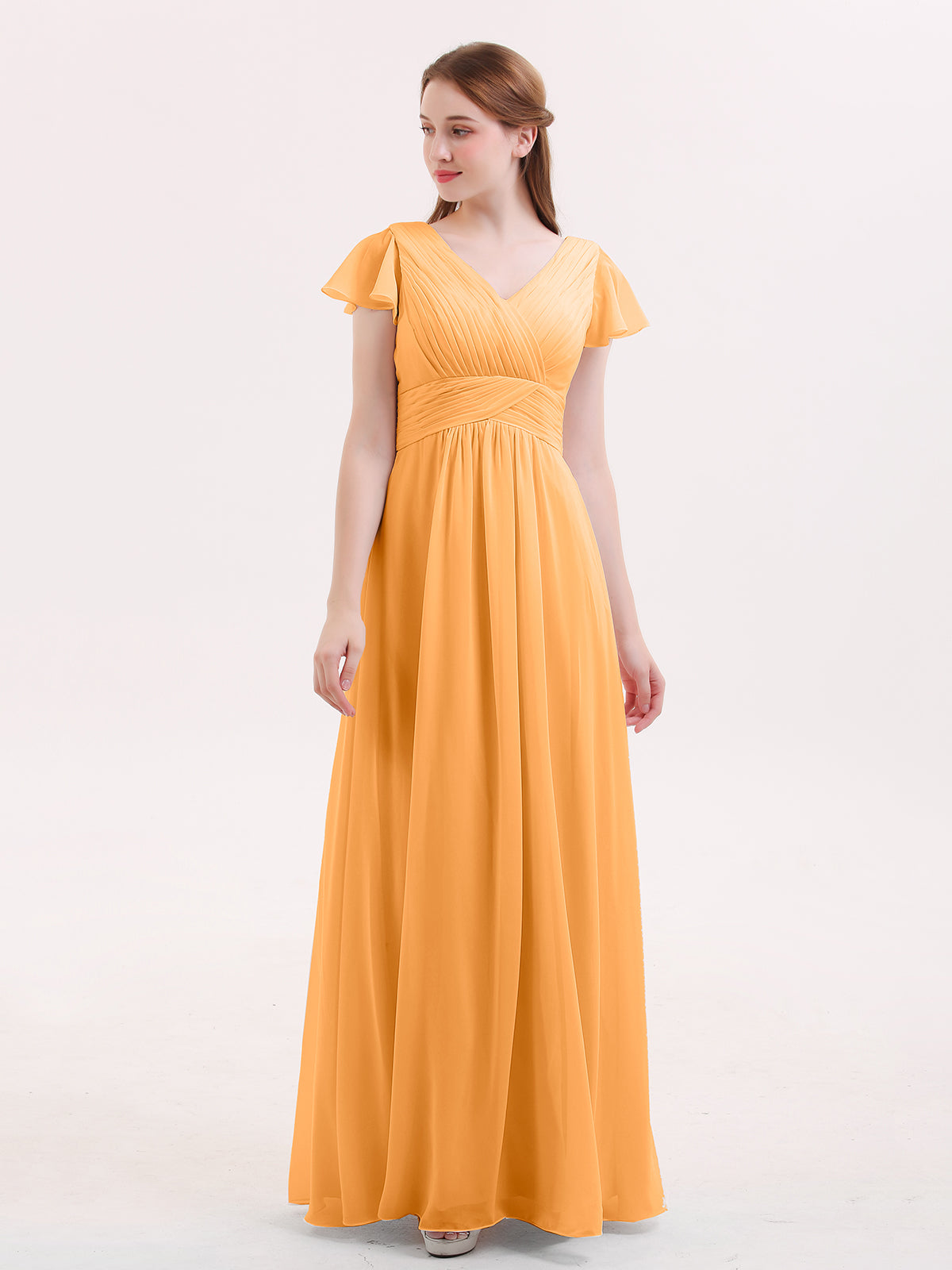 BABARONI Cap Sleeves Chiffon Long Bridesmaid Dress Tangerine, Tangerine / US0