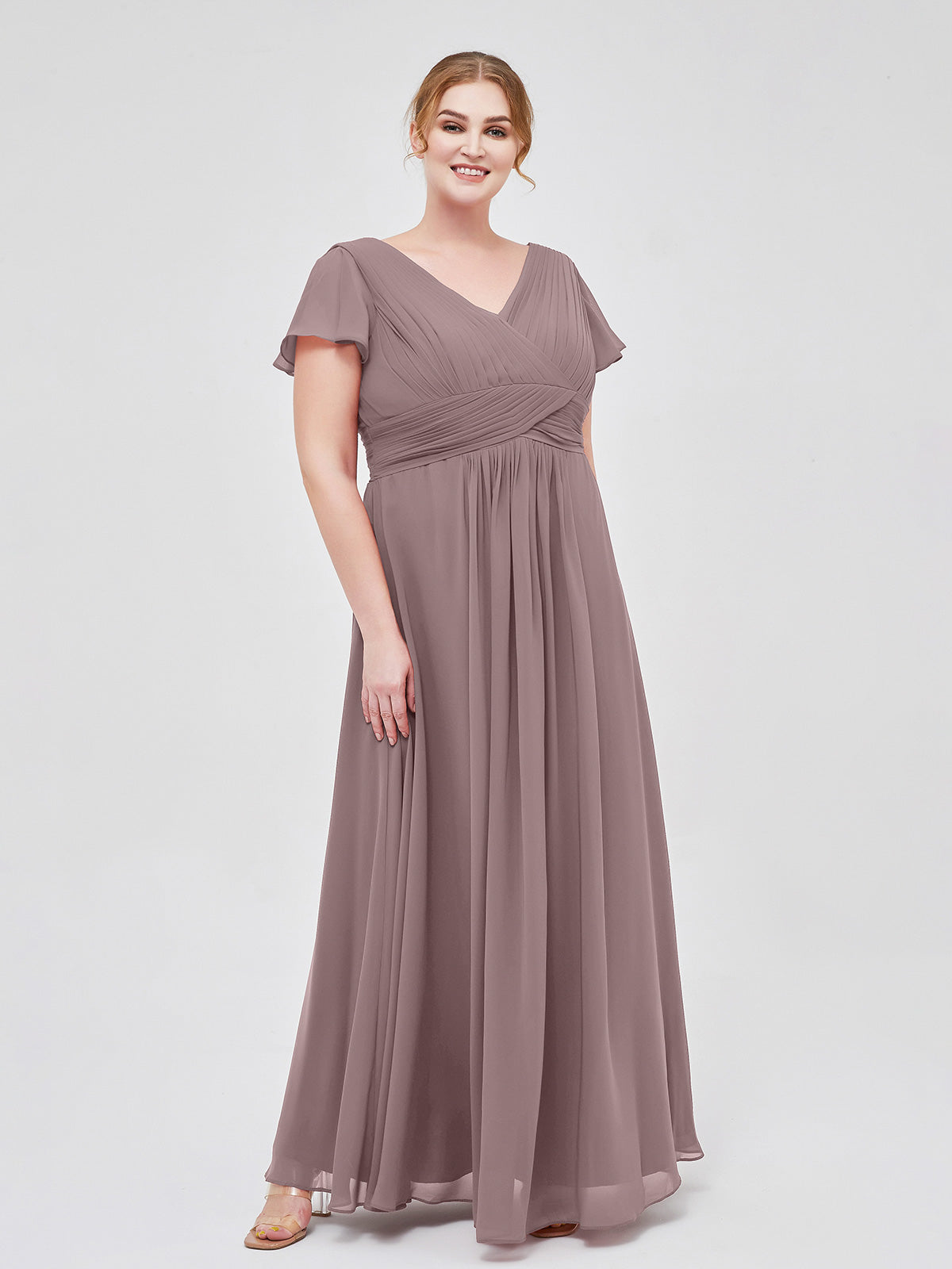 Plus Size Vintage Mauve Chiffon Bridesmaid Gown, BABARONI Cap Sleeve Maxi Wedding Party Dress