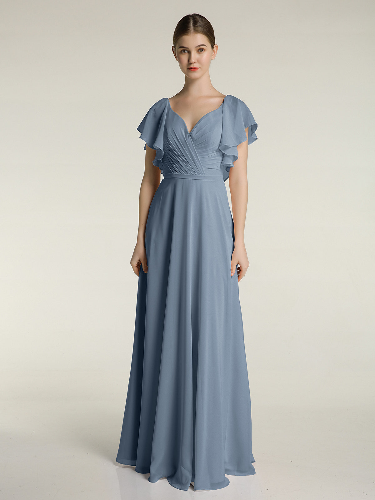 BABARONI V-Neck Cap Sleeves Dresses with Ruffles-Dusty Blue, Dusty Blue / US0