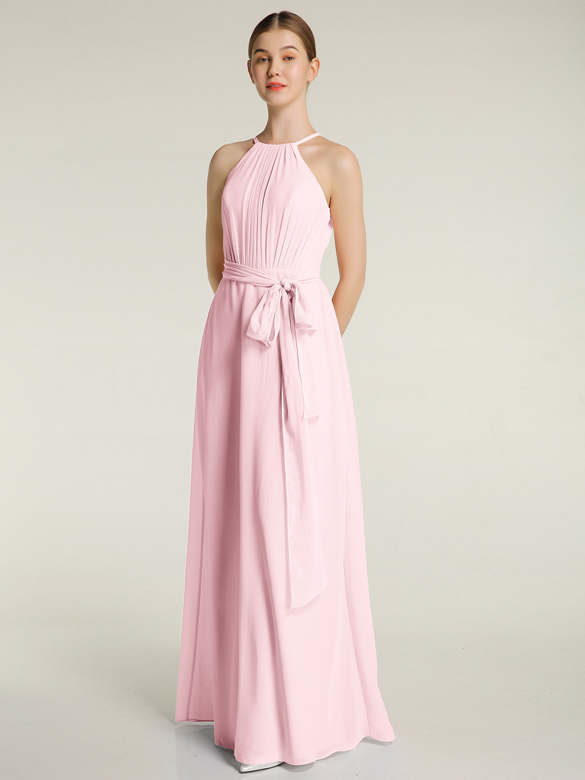 Long Halter Chiffon Gown with 3D Floral Neck Lemon Plus Size