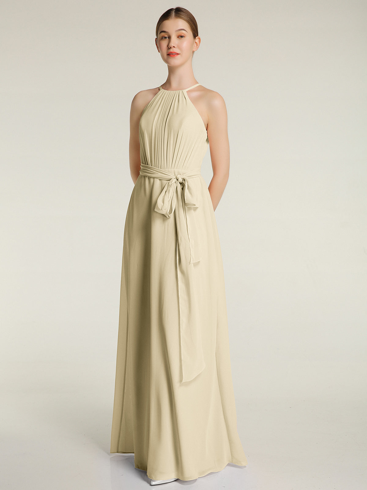 Halter Chiffon Gown Triangular Open Back Champagne Plus Size