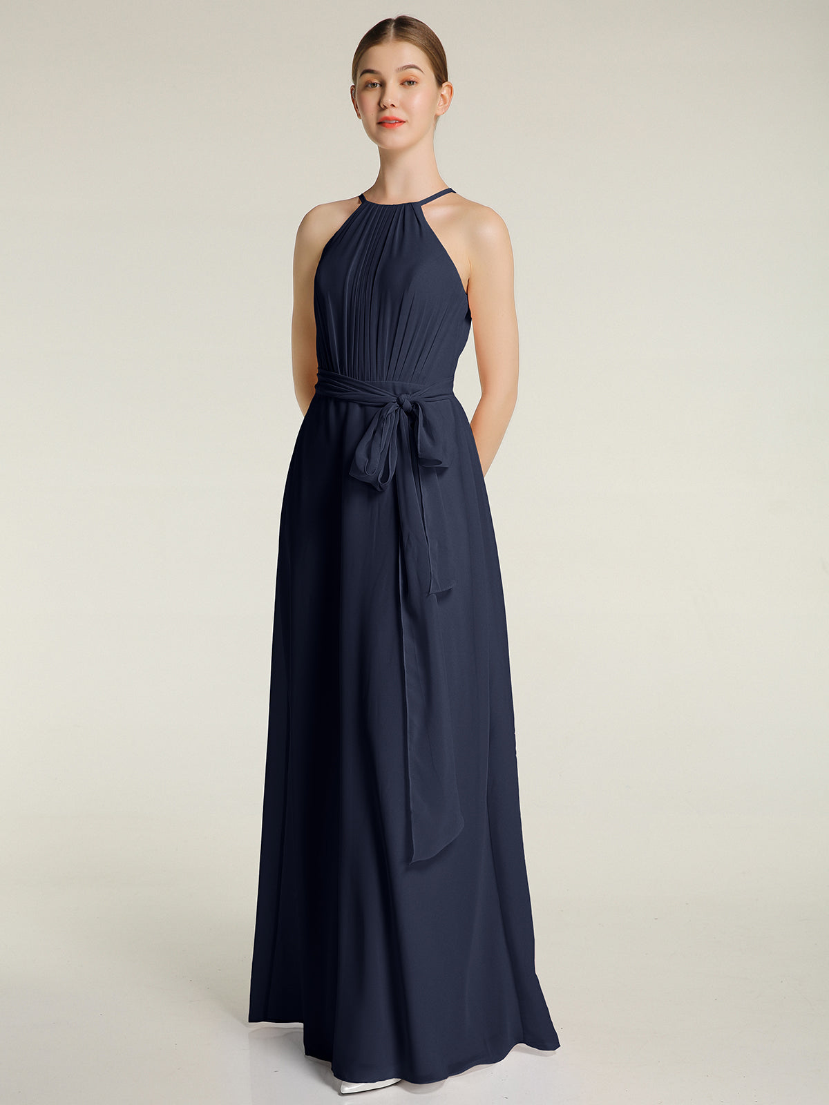 Chiffon with Beaded Waistband Long Dress Dark Navy Plus Size main image 1