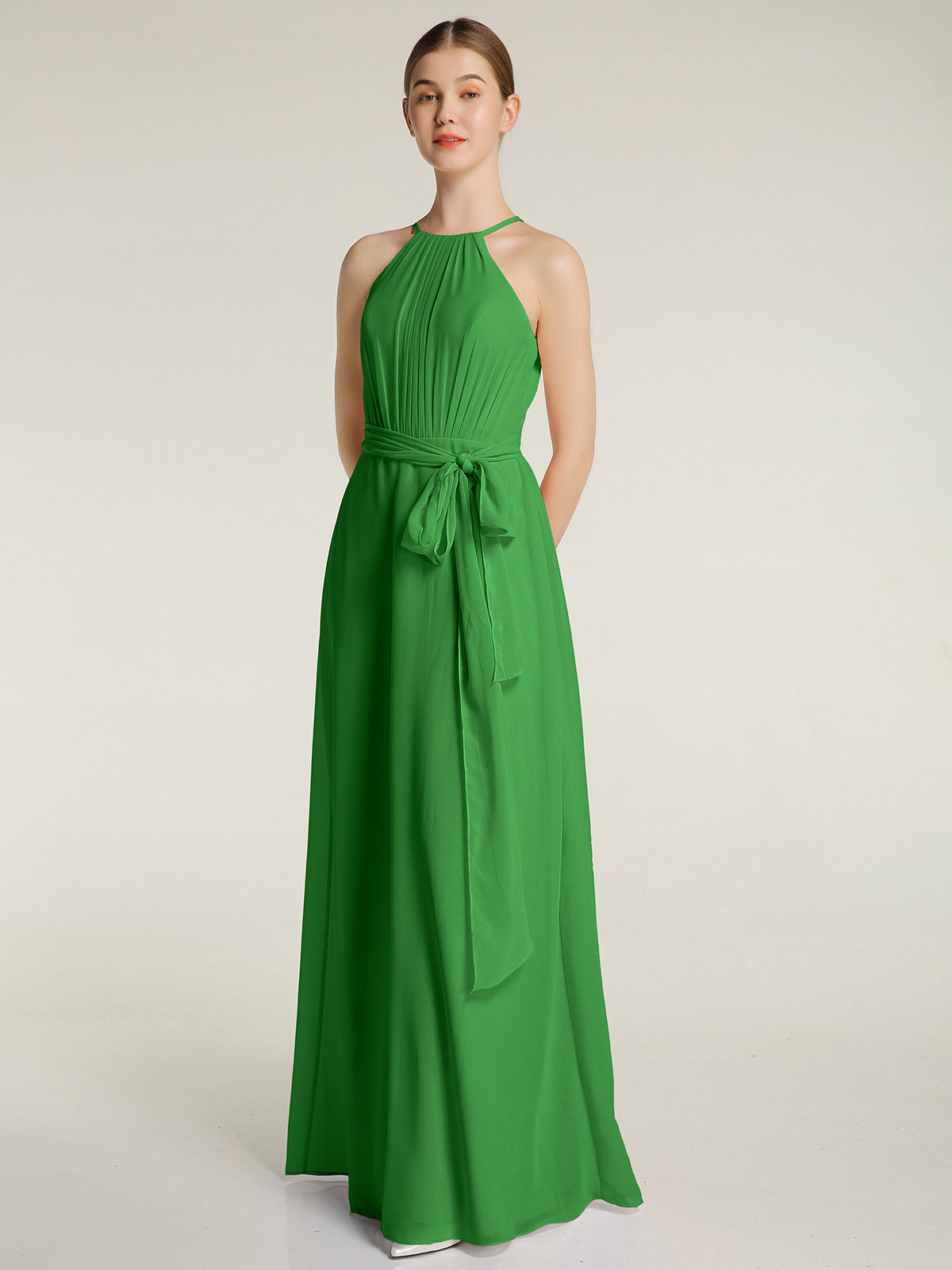 BABARONI Full Length Chiffon Gowns Halter Neck with Bow-Green Plus size, Green / US18
