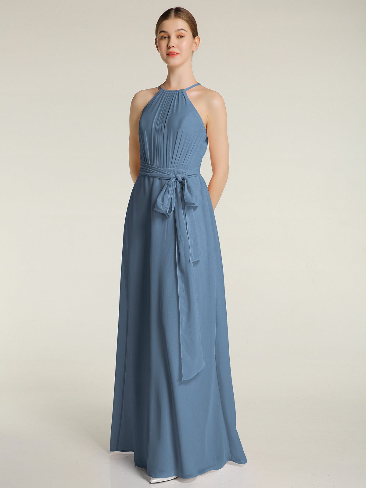 Halter Chiffon Gown Triangular Open Back Slate Blue