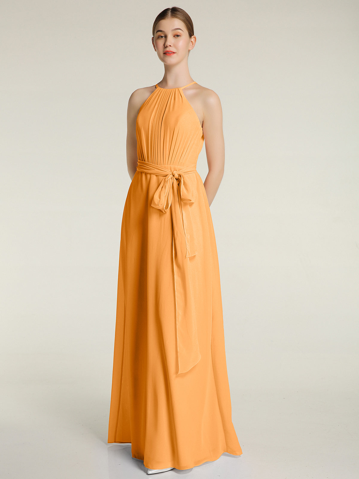 BABARONI Chiffon Tangerine Bridesmaid Dresses Halter Floor-length