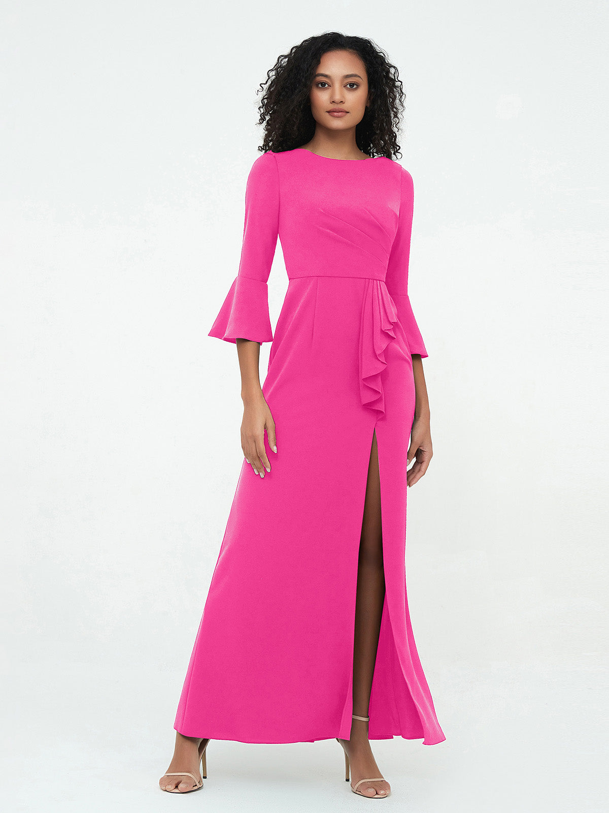 Appliqued Bodice Mermaid Dress With Slit Fuchsia Plus Size