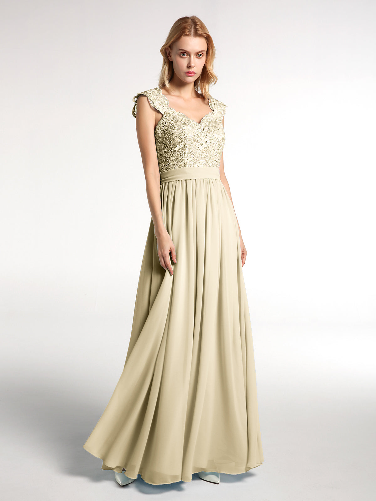 blue dress for baby girl Vega Elegant Spaghetti Straps Cowl Floor Length Floral Lace Bridesmaid Dresses, Champagne