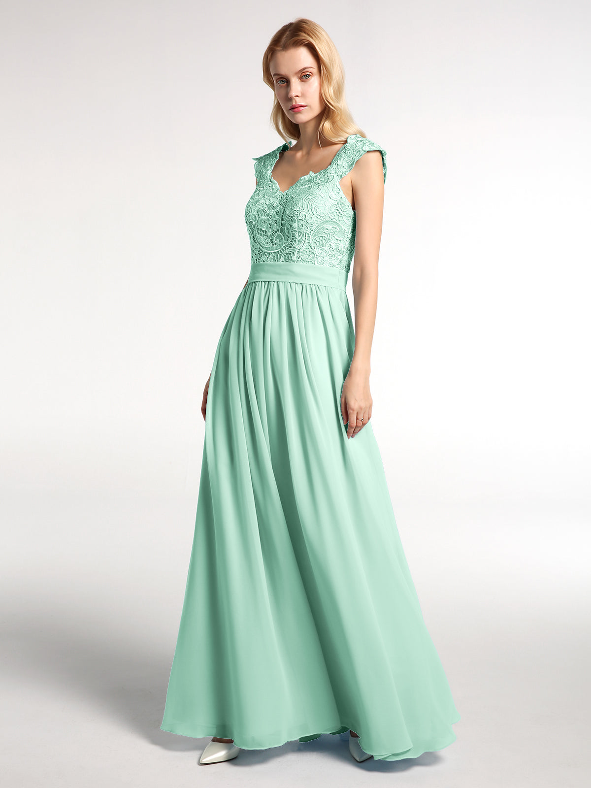 mint lace bridesmaid dresses BABARONI Long Chiffon Dress with Lace Appliqued Bodice-Mint Green Plus Size, Mint Green / US18