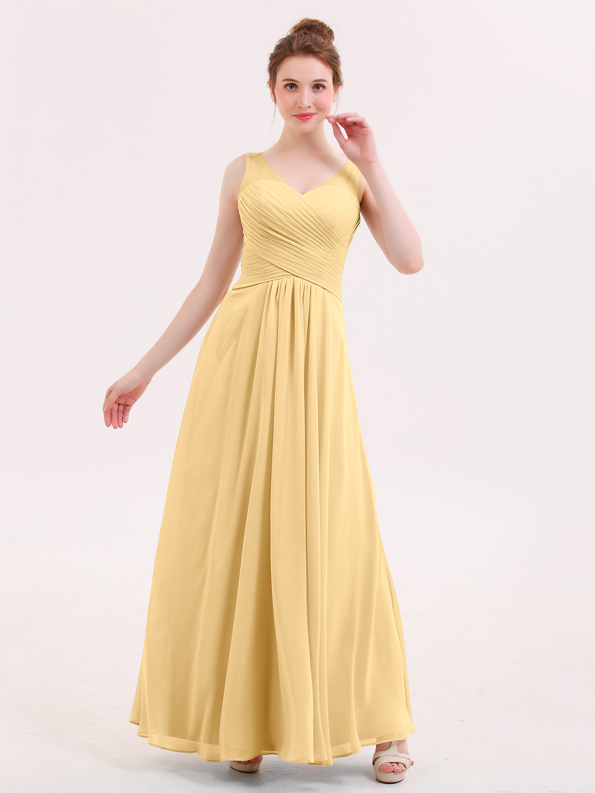 Chiffon Long Bridesmaid Gowns with Bow Sash Gold Plus Size