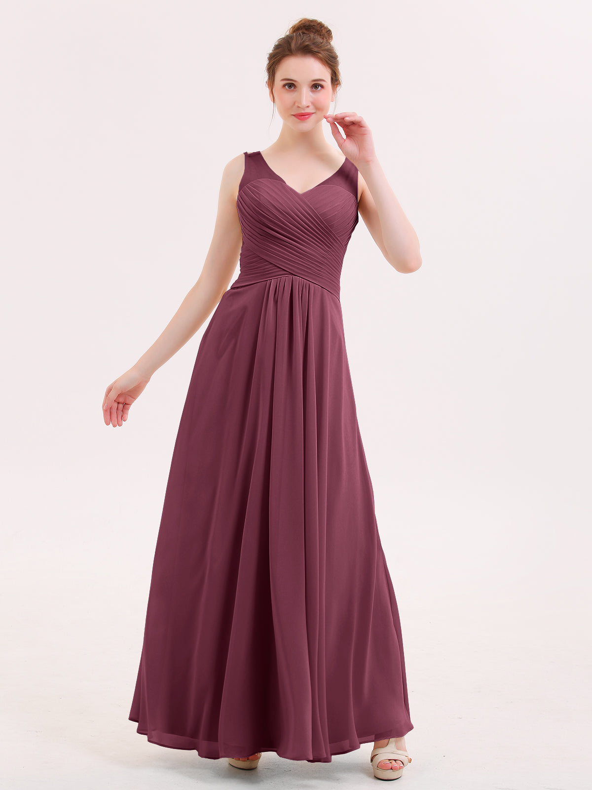 BABARONI Long Bridesmaid Dresses with Pleated Bodice-Mulberry, Mulberry / US0