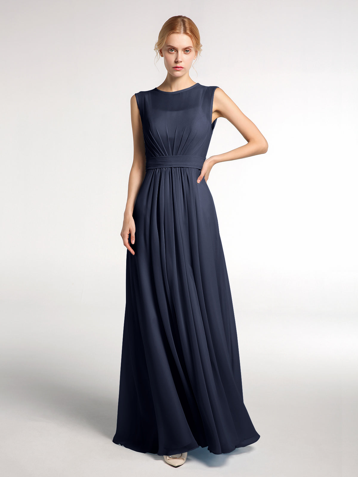 BABARONI Chiffon Dark Navy Bridesmaid Dresses Jewel Floor-length Sleeveless Bow A-line, Dark Navy / US0