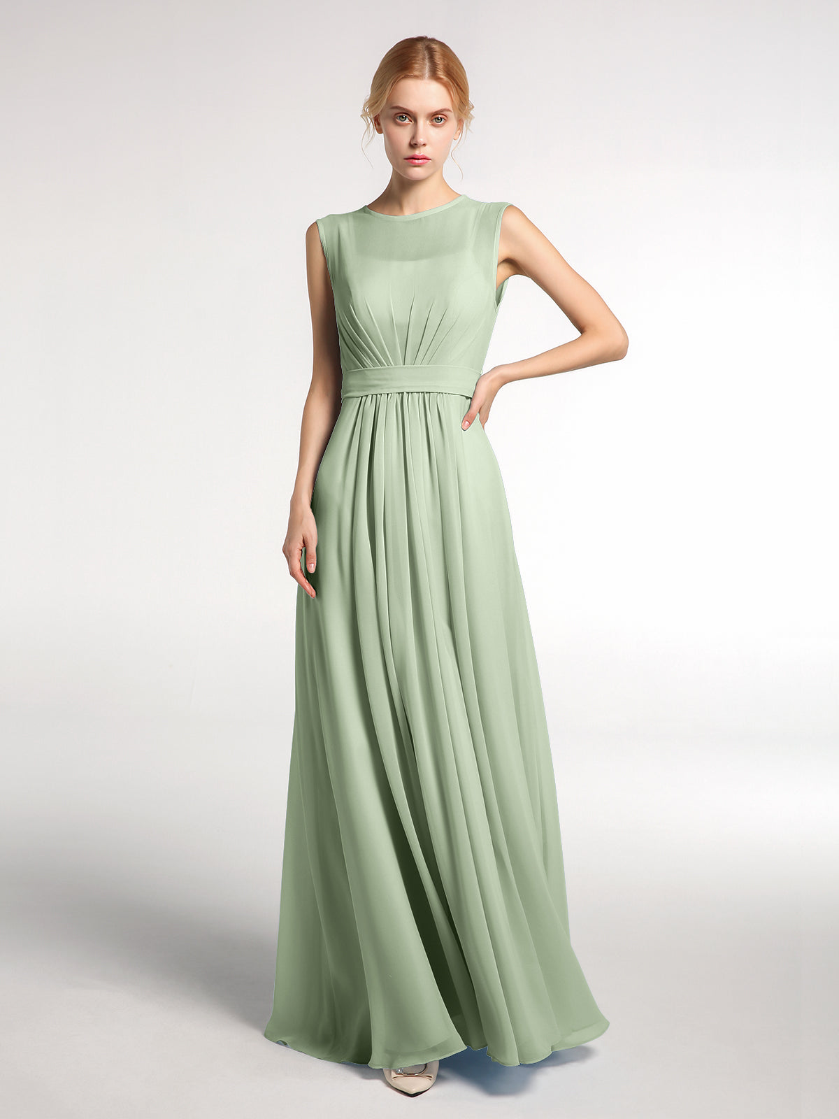 BABARONI Chiffon Dusty Sage Bridesmaid Dresses Jewel Floor-length  Sleeveless Bow A-line