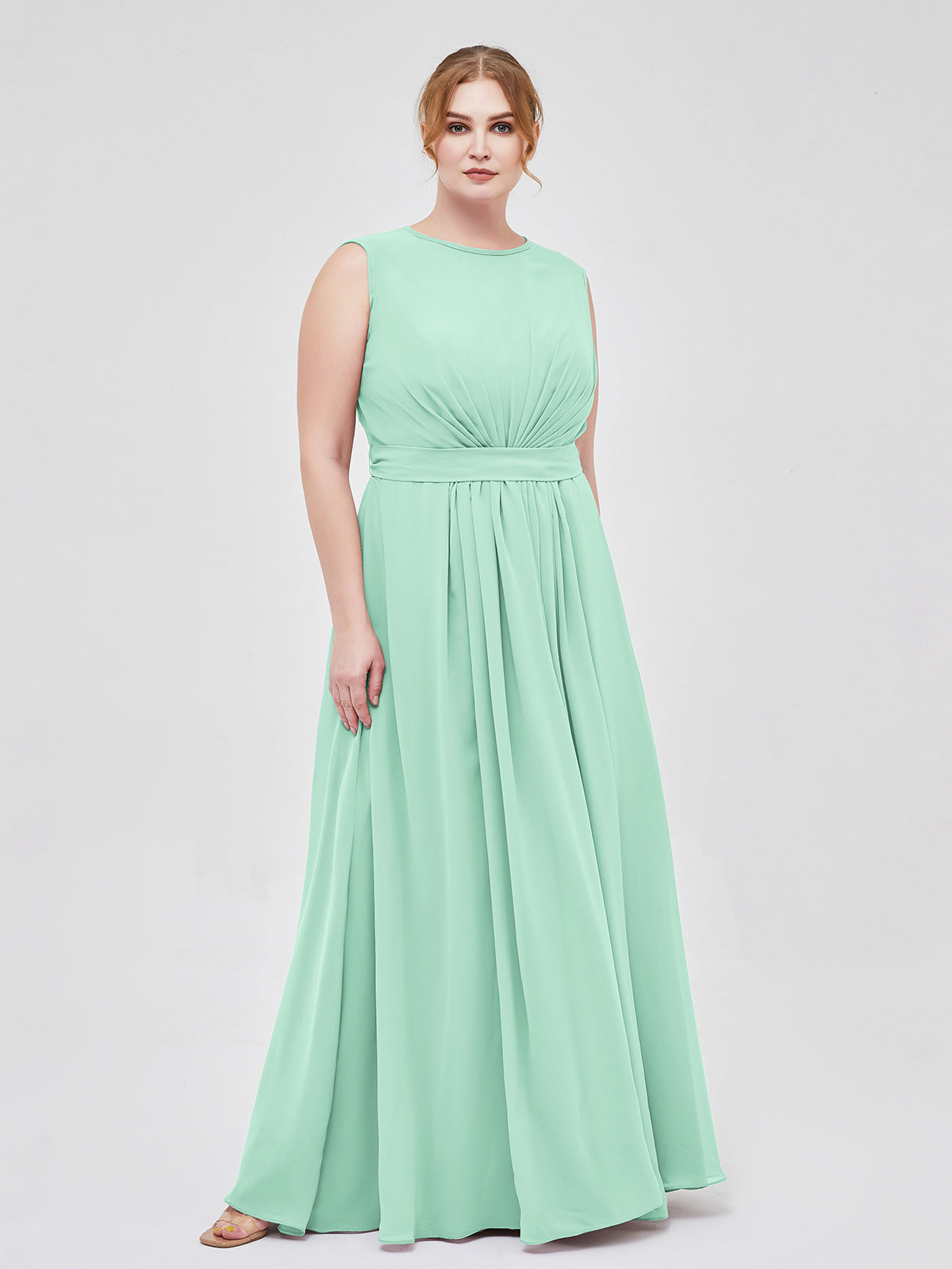 plus size mint green dresses BABARONI Chiffon Mint Green Bridesmaid Dresses Jewel Floor-length  Sleeveless Bow A-line