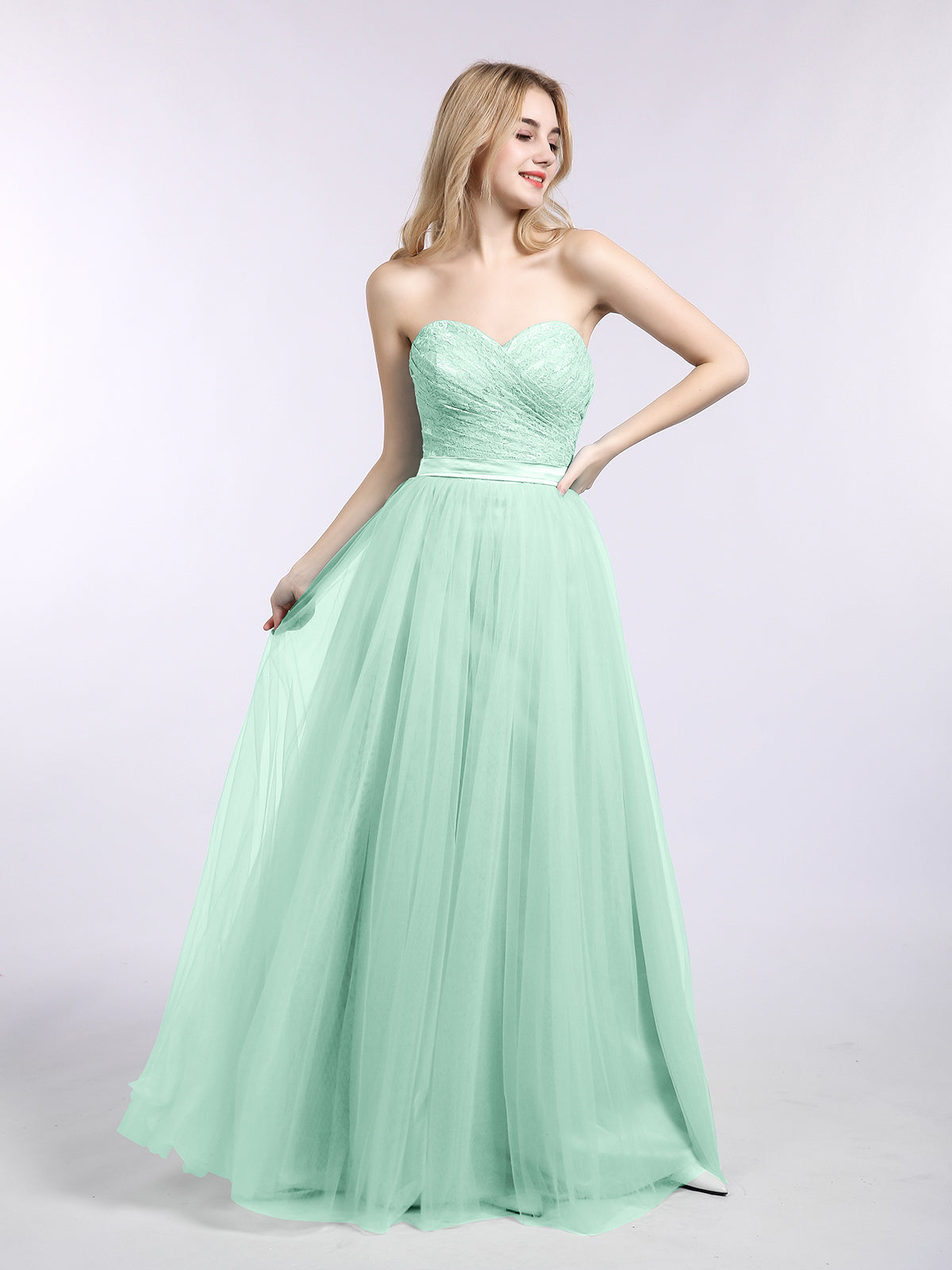 BABARONI Lace and Tulle Long Gown with Sweetheart-Mint Green, Mint Green / US0 BABARONI Lace and Tulle Long Gown with Sweetheart-Mint Green, Mint Green / US0