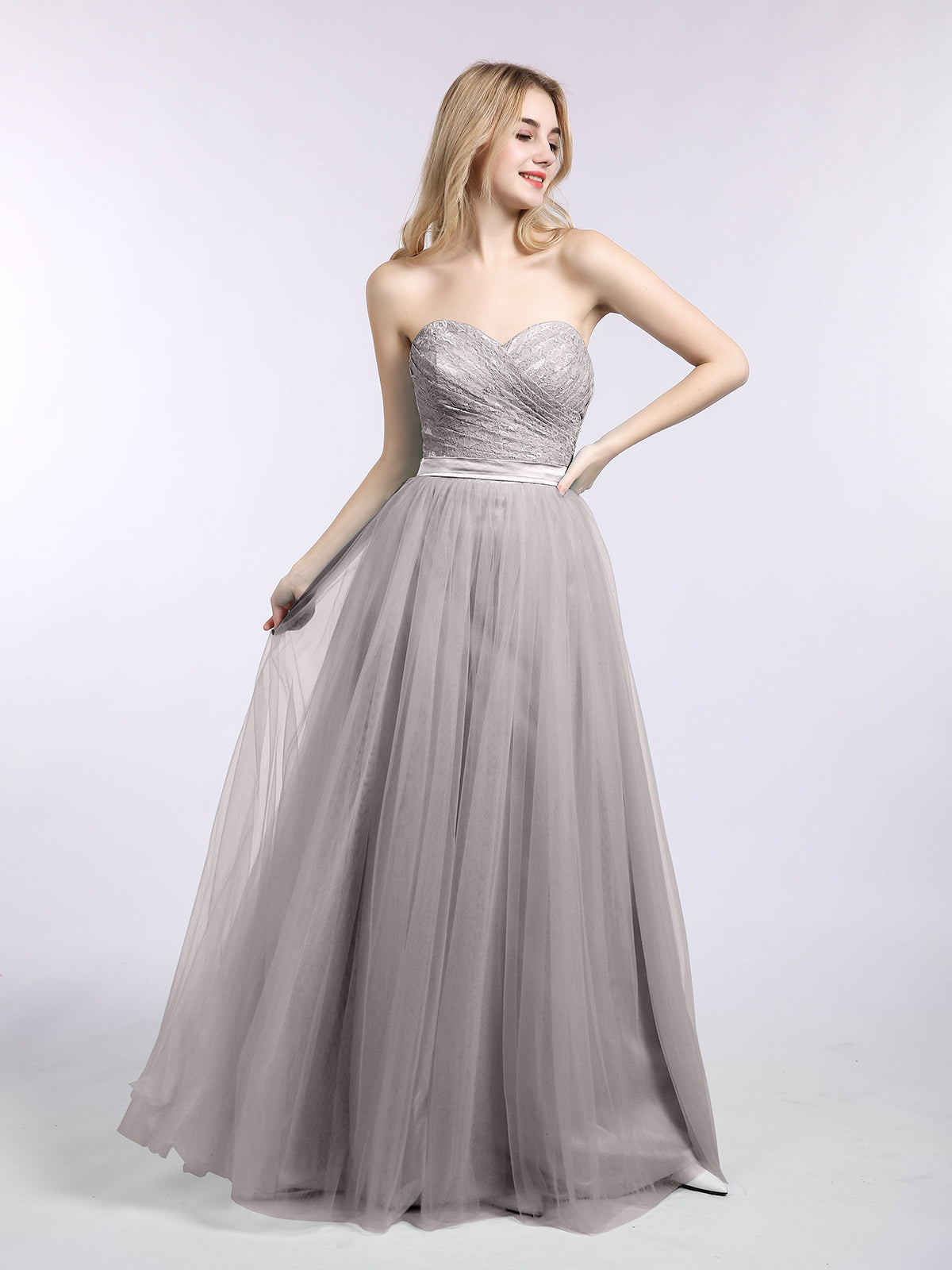 BABARONI Lace and Tulle Long Gown with Sweetheart-Silver, Silver / US0 BABARONI Lace and Tulle Long Gown with Sweetheart-Silver, Silver / US0