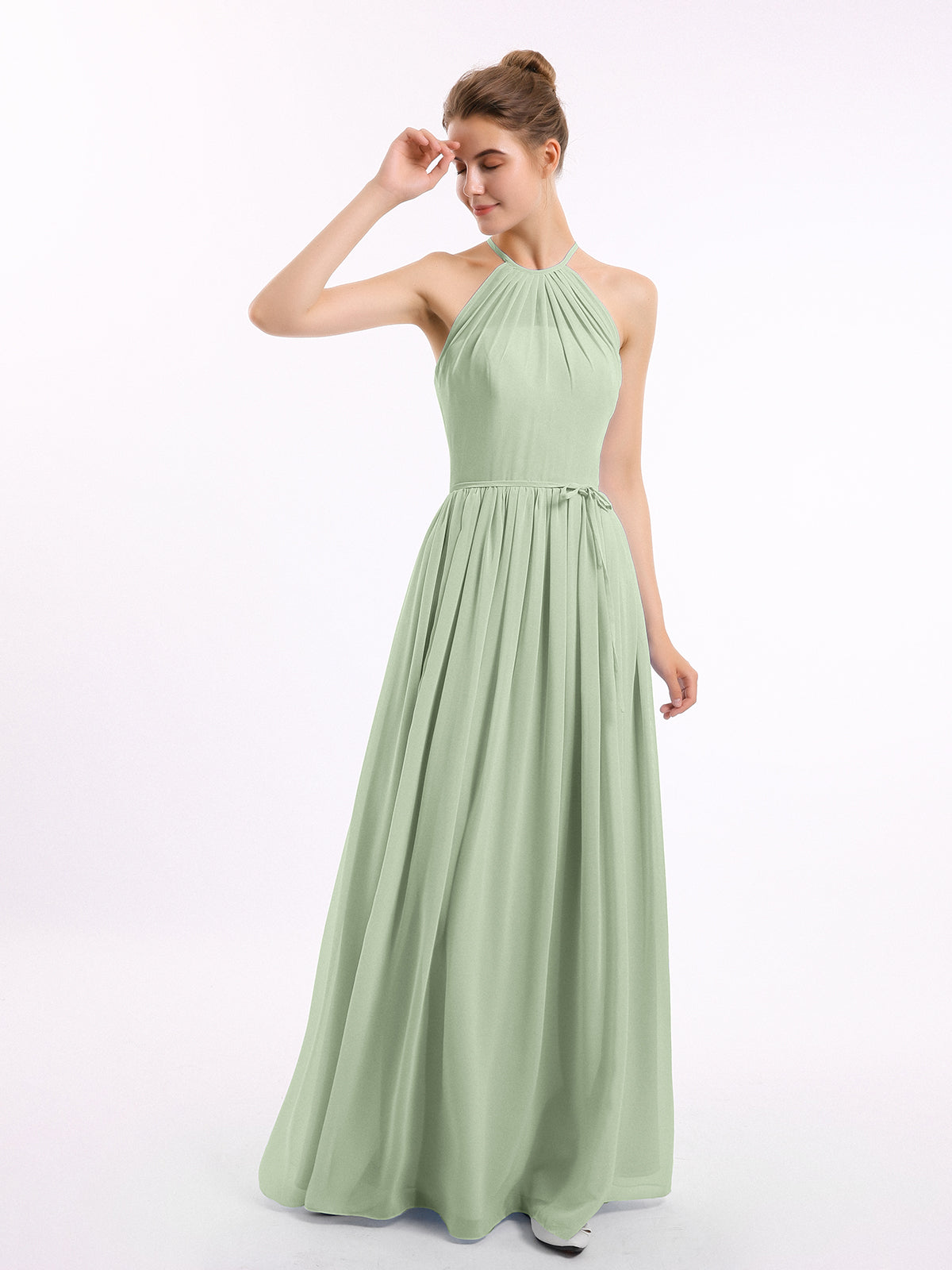 Eucalyptus Maxi Chiffon Mint Green Bridesmaid Dresses Uk BABARONI Halter  High Neck Chiffon Bridesmaid Dress-Dusty Sage Plus Size, Dusty Sage US18