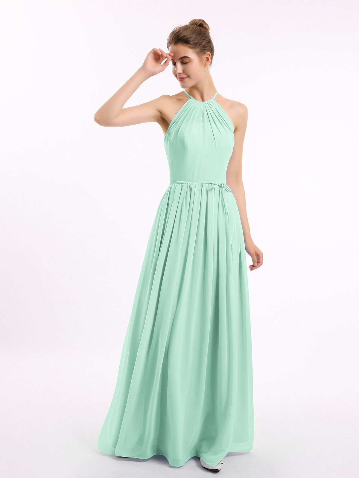 green emerald velvet dress Mint Green A-line V-neck Chiffon Floor Length Bridesmaid Dresses, MBD148 main image 1