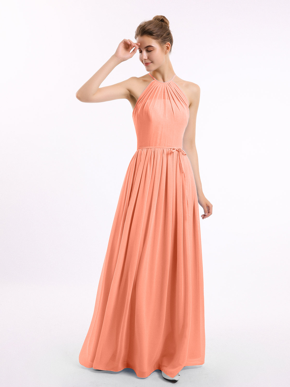 BABARONI Chiffon Sunset Bridesmaid Dresses Halter Floor-length Sleeveless  Ruched A-line