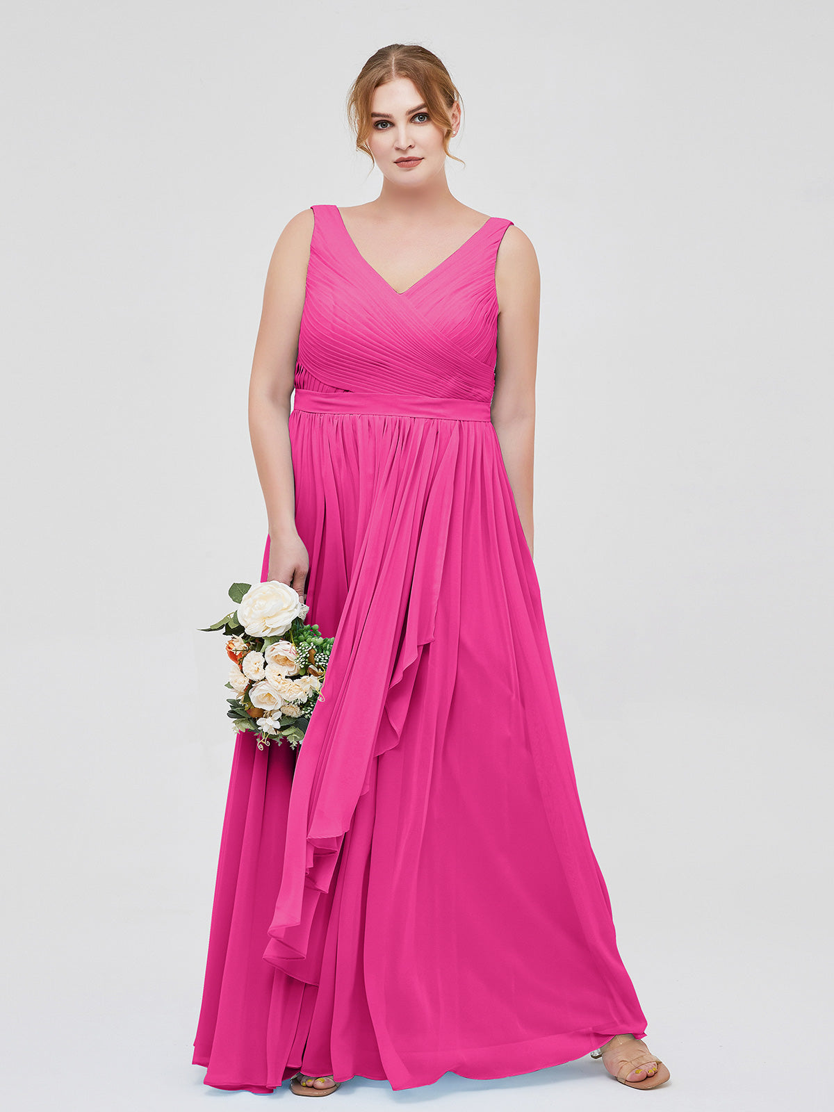 BABARONI Chiffon V-neck Dress with Cascade Skirt Fuchsia, Fuchsia / US0