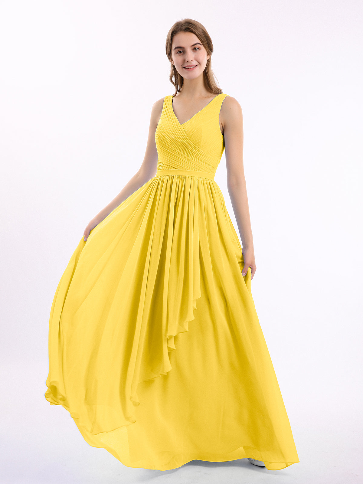 Floor-length V-neck Ruffle Dresses with Cascade Skirt Marigold