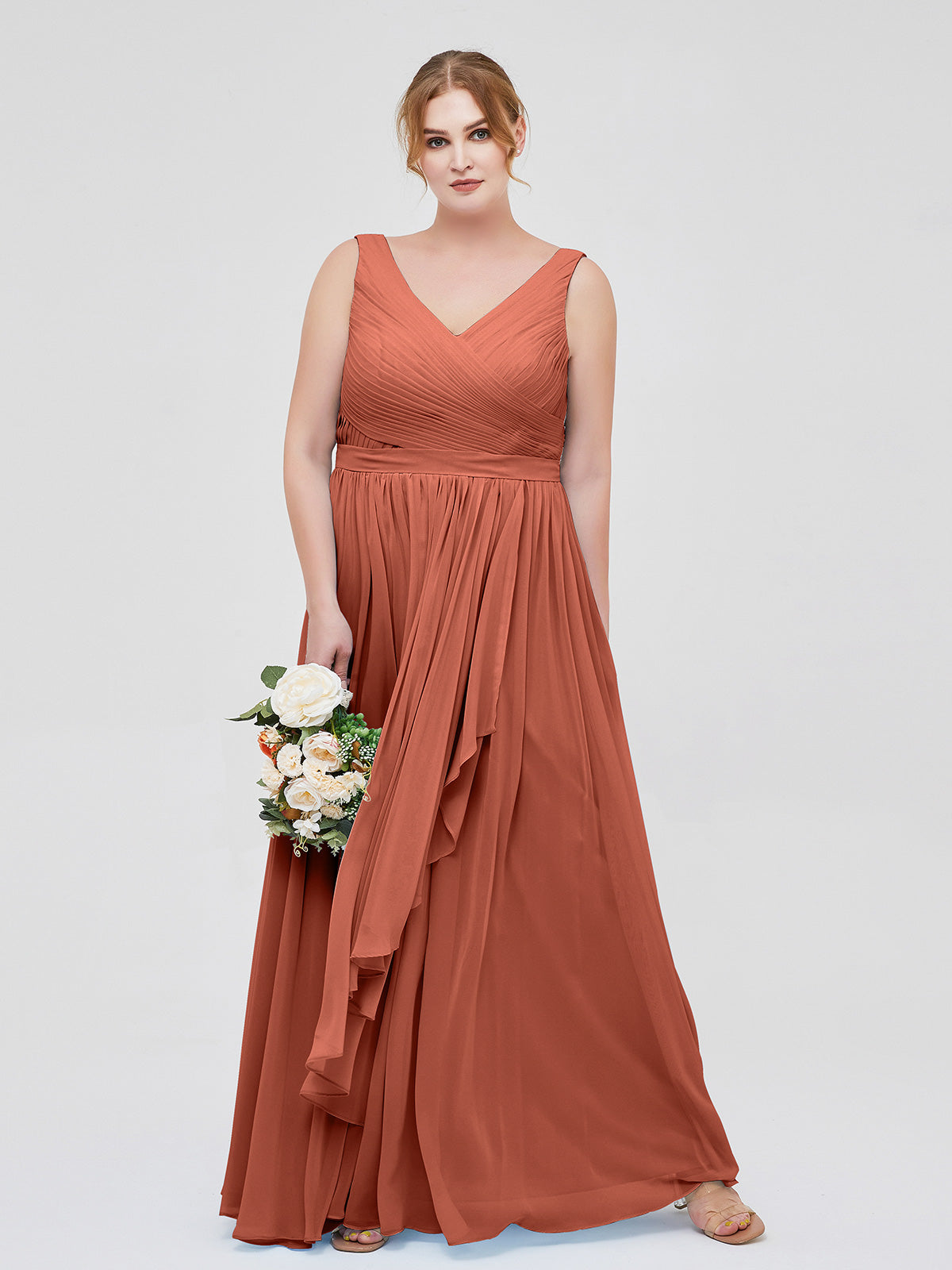 BABARONI Chiffon Rust Bridesmaid Dresses V-neck Floor-length Sleeveless Ruffle A-line, Rust / US0