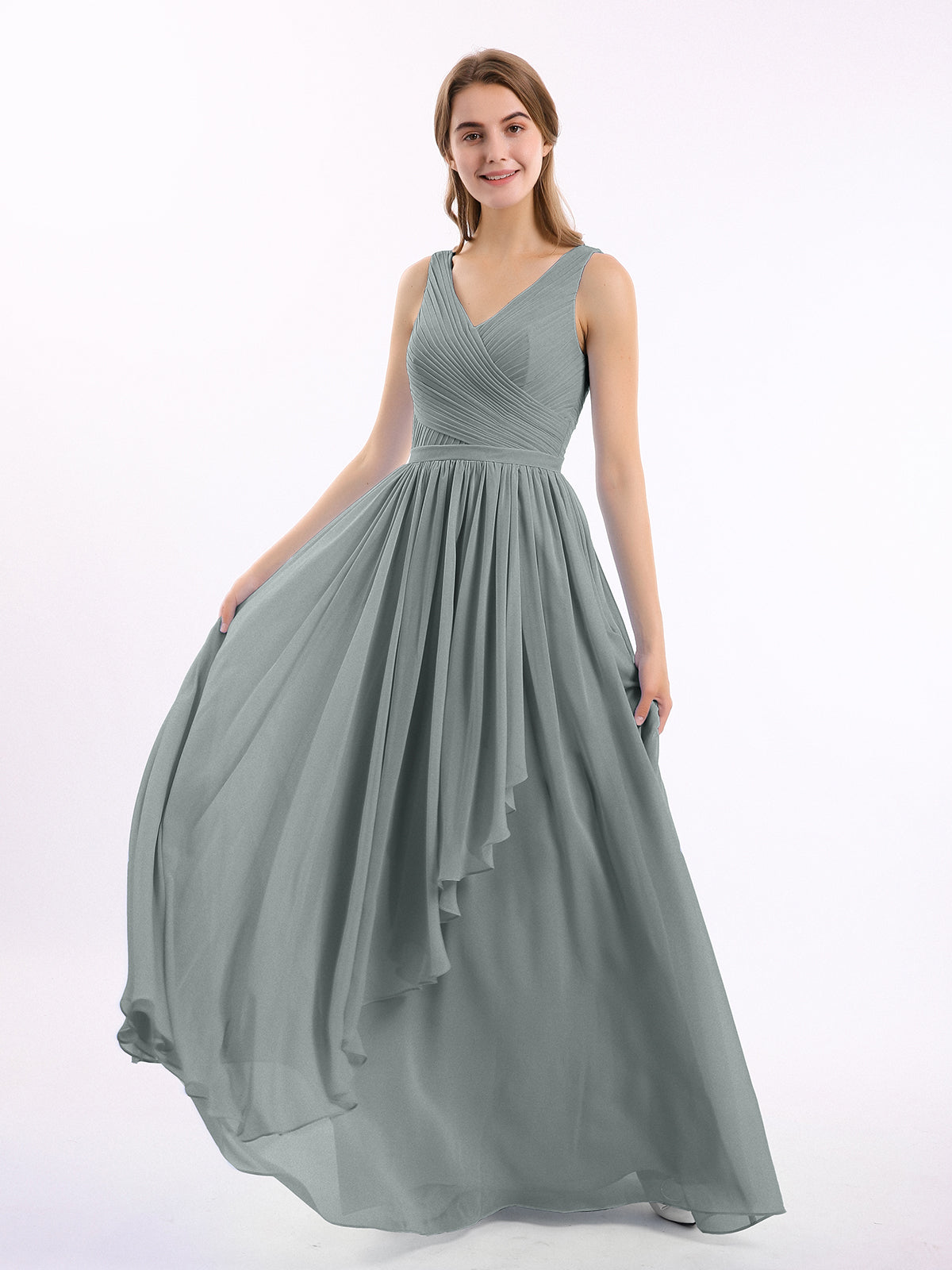 steel grey bridesmaid dress BABARONI Chiffon Dresses V-neck Floor-length Sleeveless Ruffle A-line, Steel Grey / US0 dove grey bridesmaid dresses