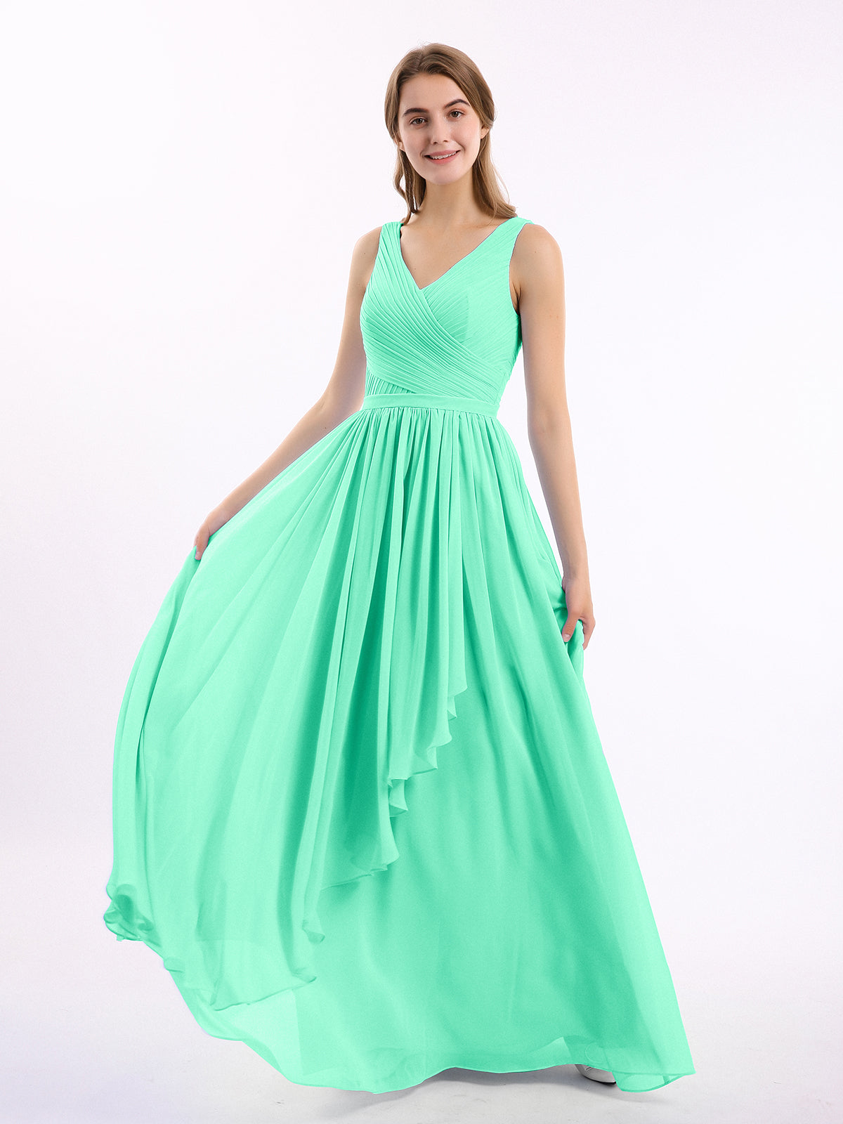 BABARONI Chiffon V-Neck Dress with Cascade Skirt Turquoise, Turquoise / US0