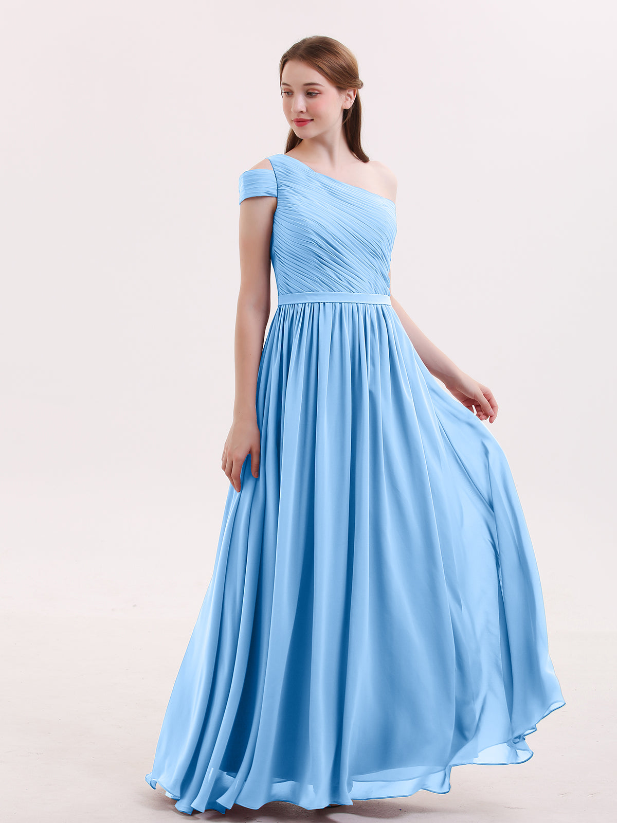 BABARONI Chiffon Blue Bridesmaid Dresses One Shoulder Floor-length Short  Pleated A-line