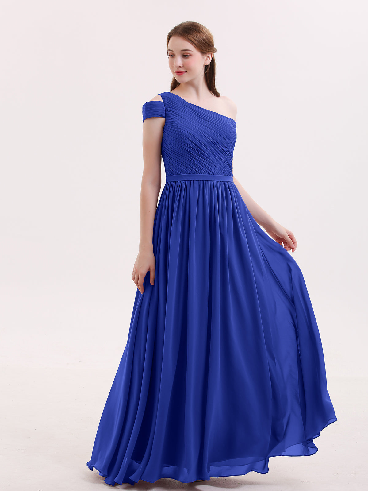 BABARONI Chiffon Royal Blue Bridesmaid Dresses One Shoulder Floor