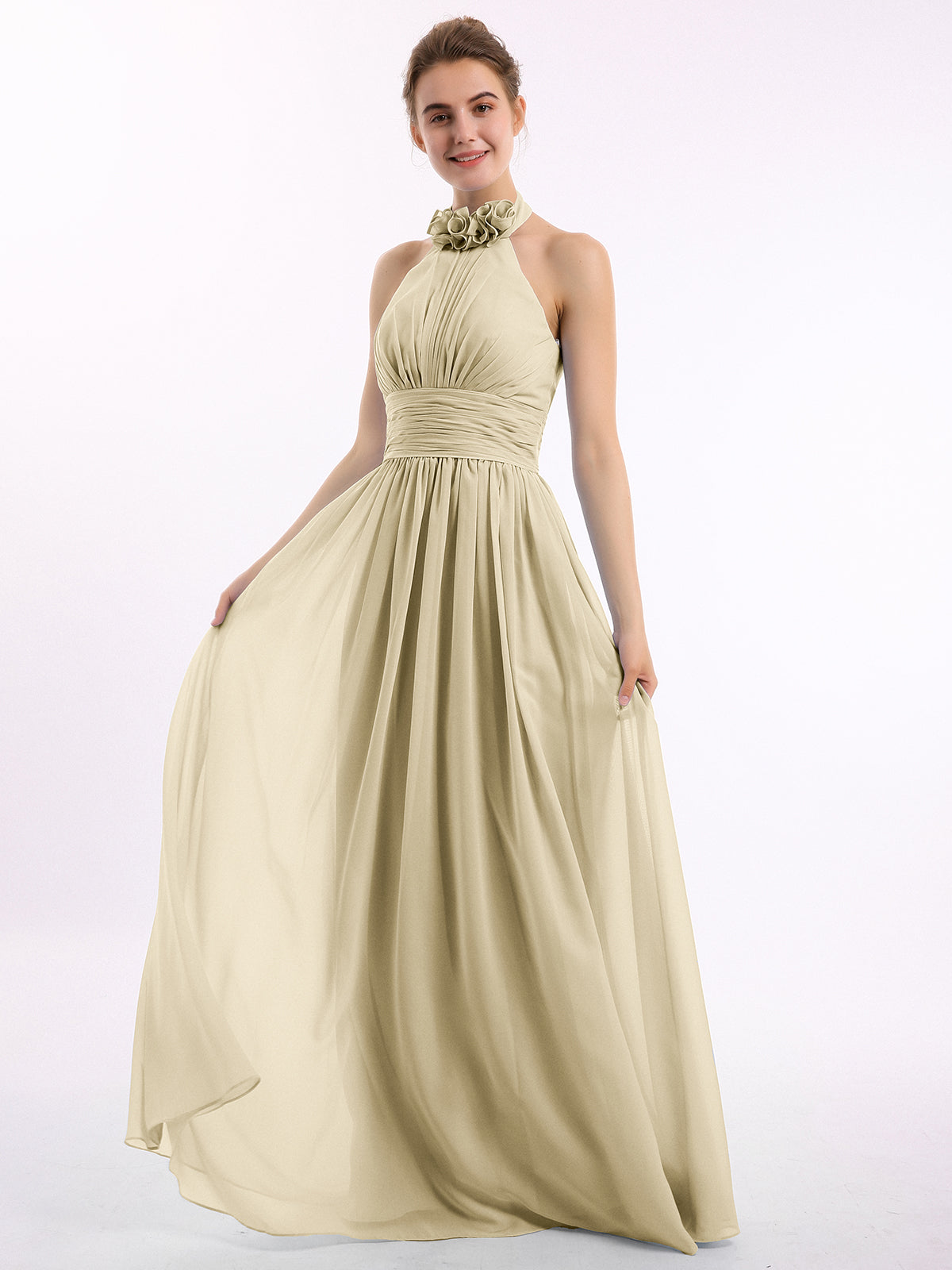 Halter Straps Full Length Chiffon Dresses with Pockets Tangerine