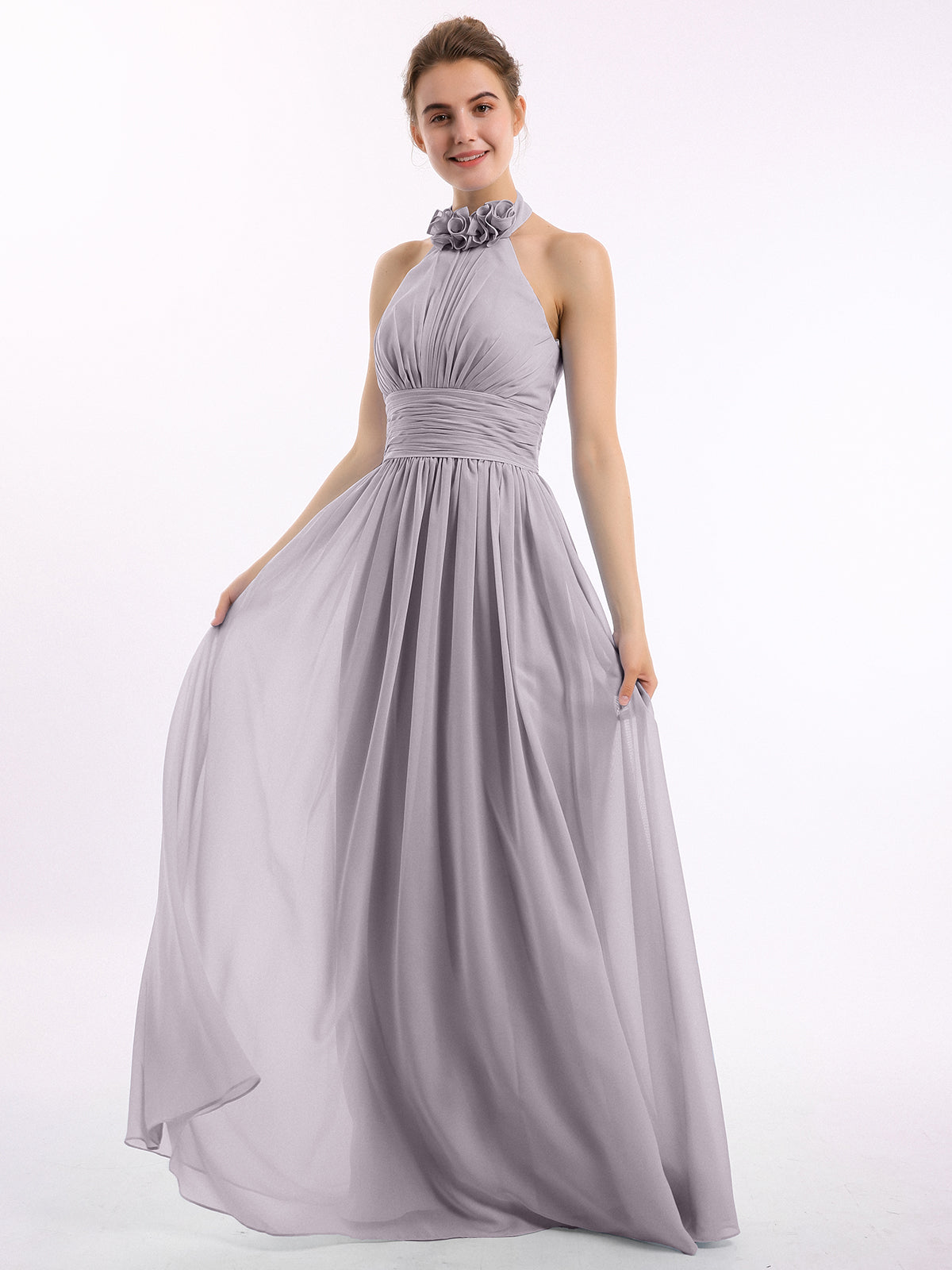 Halter Straps Full Length Chiffon Dresses with Pockets Cabernet
