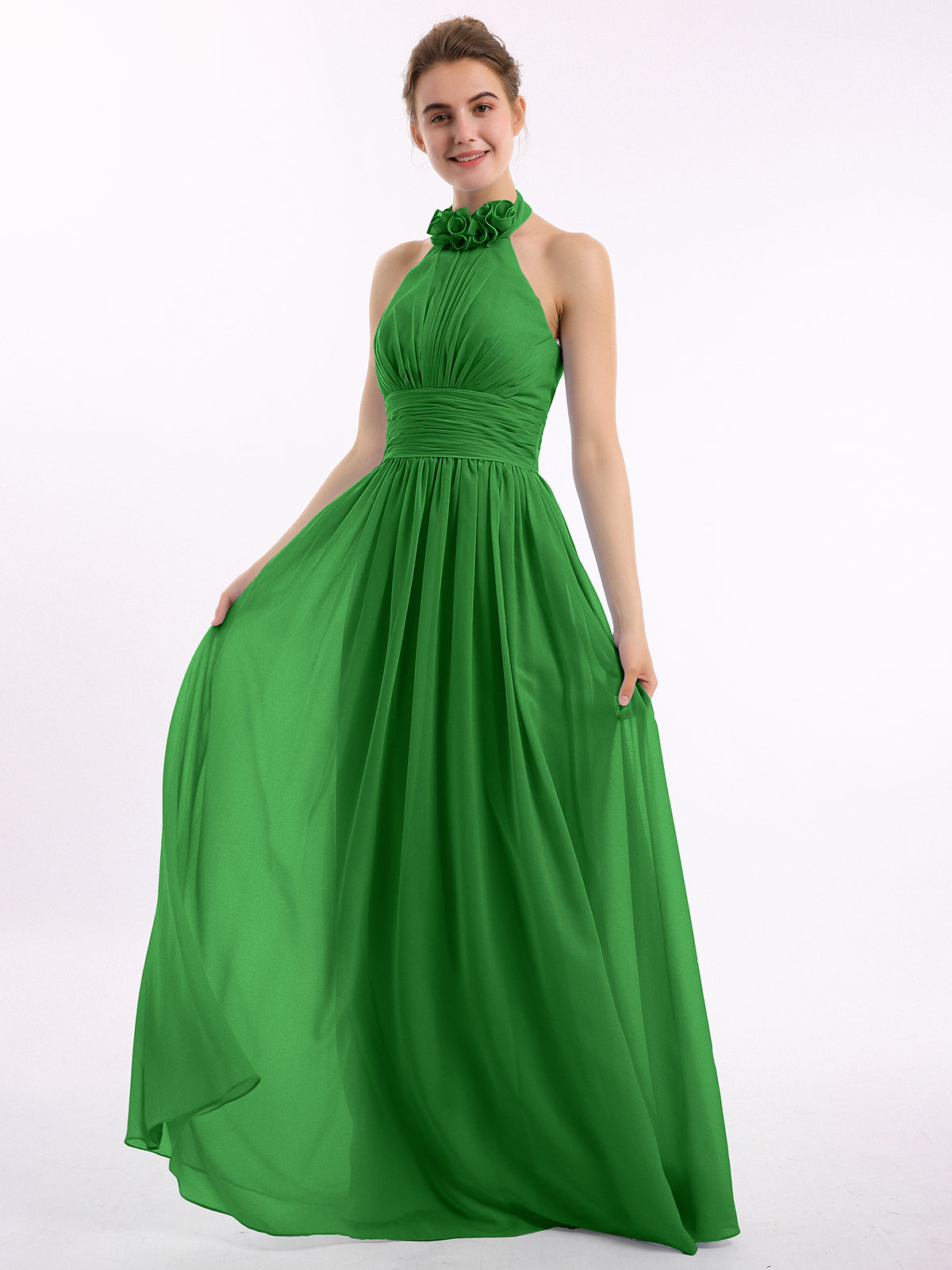 BABARONI Halter Chiffon Full Length Dress with flowers-green Plus size, Green / US18