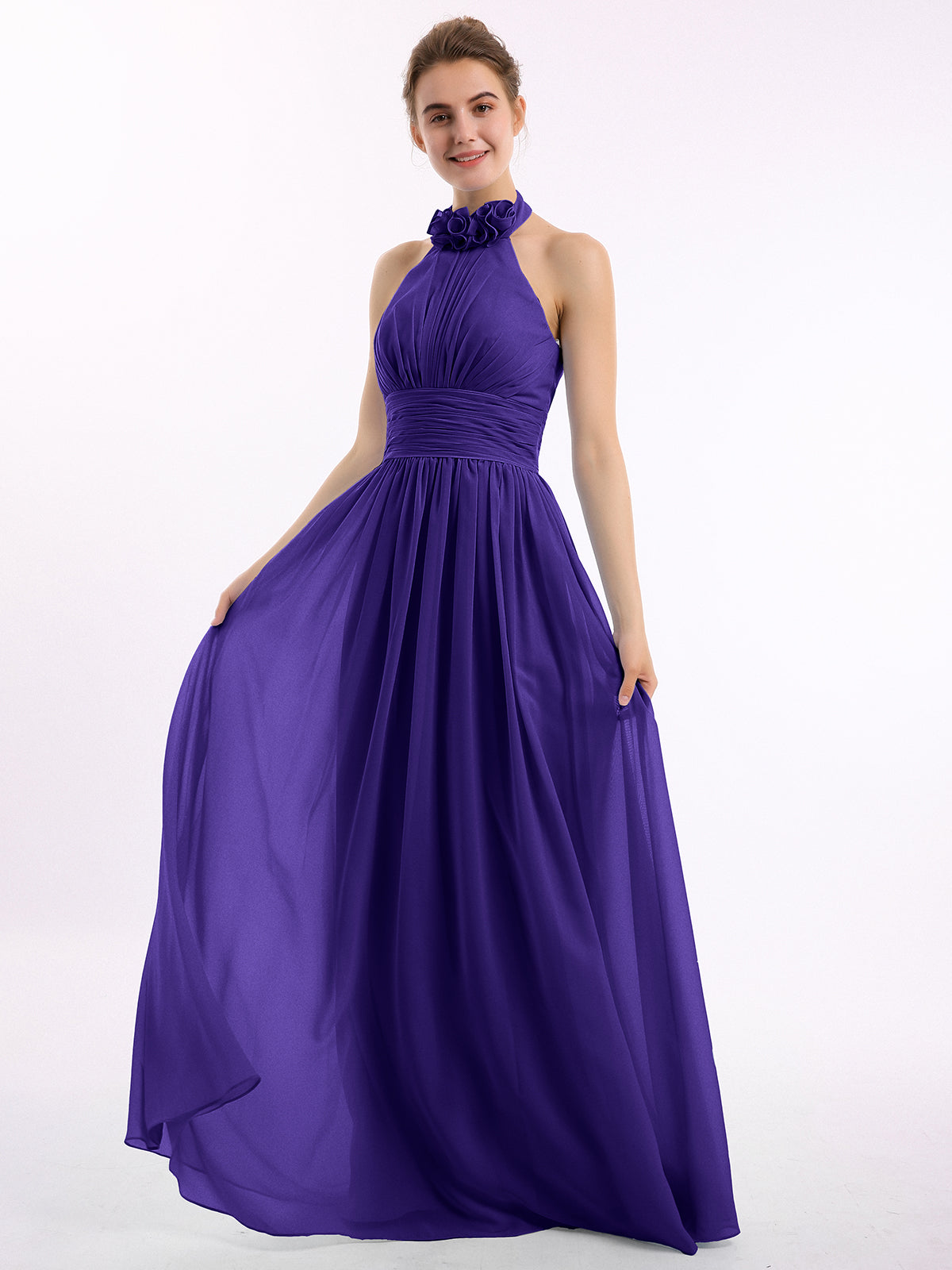 Halter Straps Full Length Chiffon Dresses with Pockets Tahiti