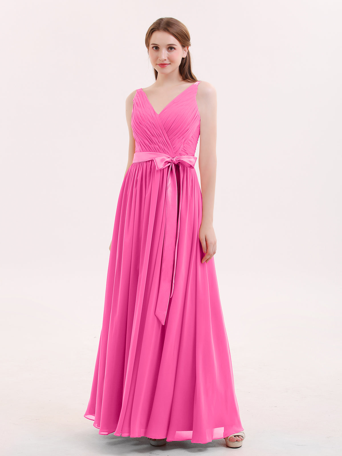 BABARONI V Neck Chiffon Bridesmaid Dress with Satin Sash Bow-Azalea, Azalea / US0 BABARONI V Neck Chiffon Bridesmaid Dress with Satin Sash Bow-Azalea, Azalea / US0
