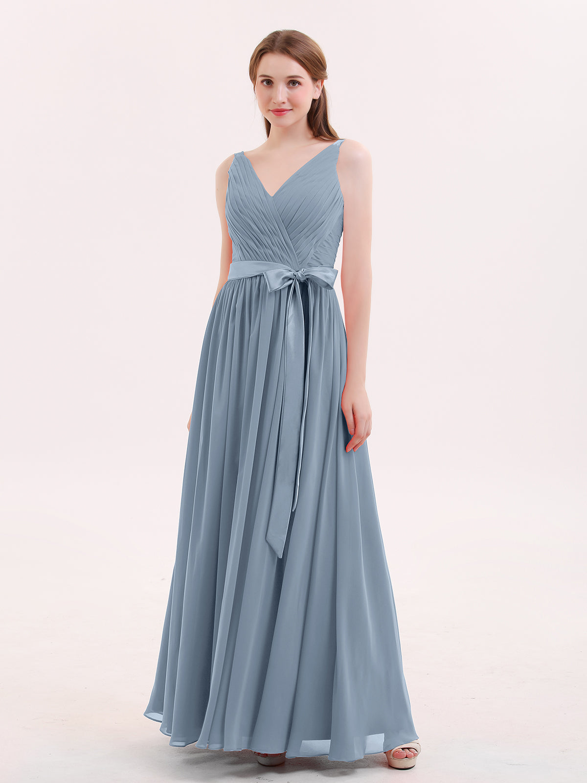 dusty gray bridesmaid dresses BABARONI V Neck Chiffon Bridesmaid Dress with Satin Sash Bow-Dusty Blue Plus Size, Dusty Blue / US18