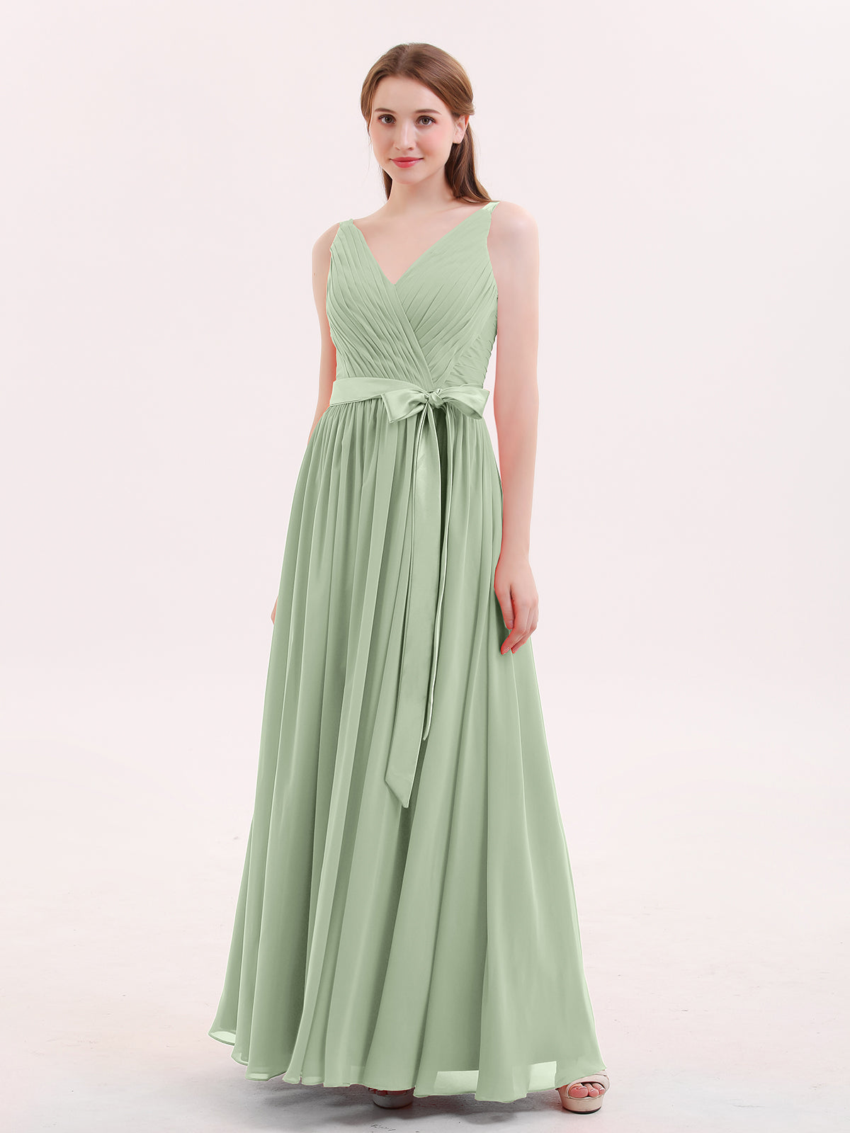 BABARONI V Neck Chiffon Bridesmaid Dress with Satin Sash Bow-Dusty Sage, Dusty Sage / US0 BABARONI V Neck Chiffon Bridesmaid Dress with Satin Sash Bow-Dusty Sage, Dusty Sage / US0