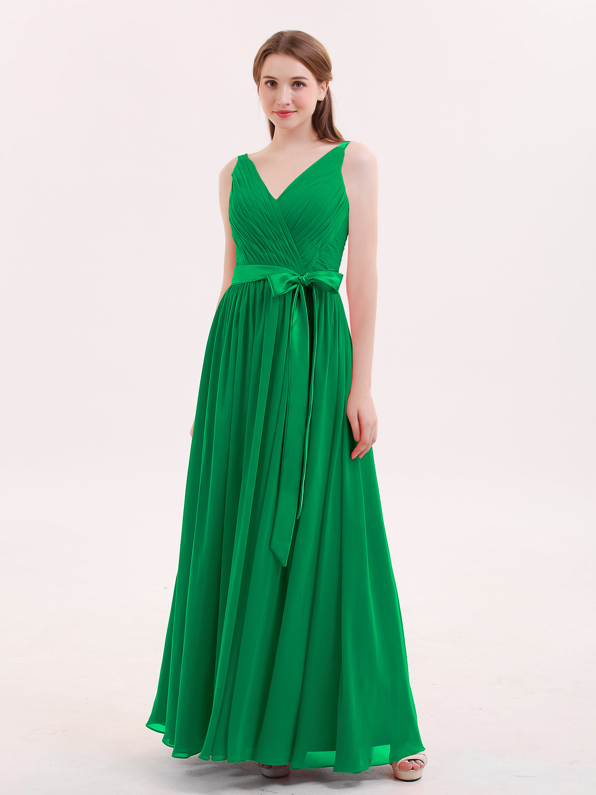 BABARONI V Neck Chiffon Bridesmaid Dress with Satin Sash Bow-Emerald, Emerald / US0