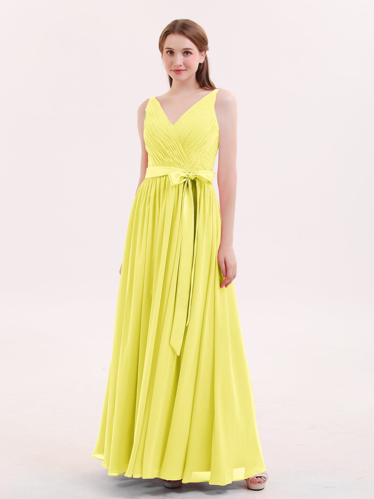 long lemon bridesmaid dresses BABARONI V Neck Chiffon Bridesmaid Dress with Satin Sash Bow-Lemon Plus Size, Lemon / US18