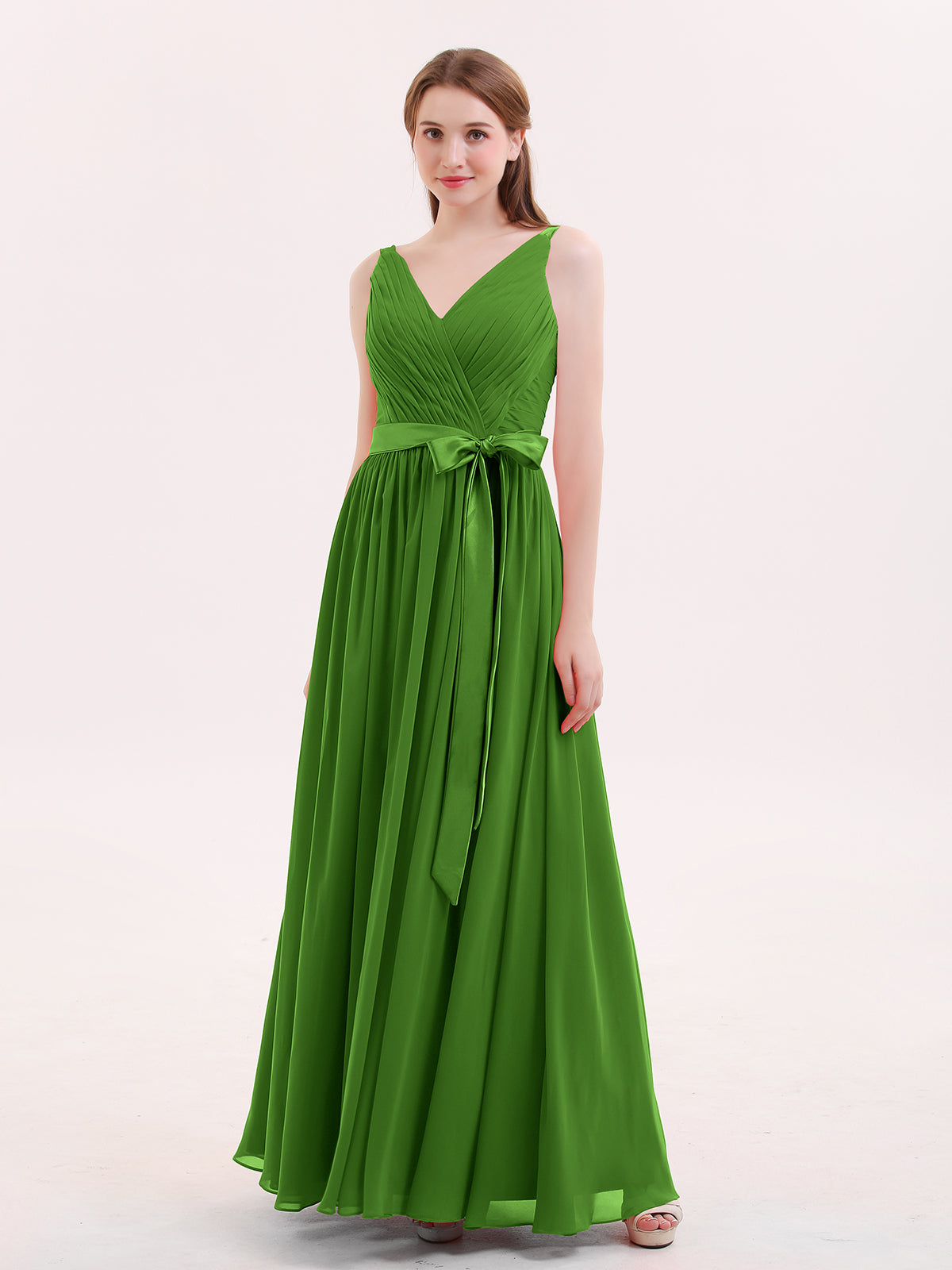 BABARONI V Neck Chiffon Bridesmaid Dress with Satin Sash Bow-Moss, Moss / US0