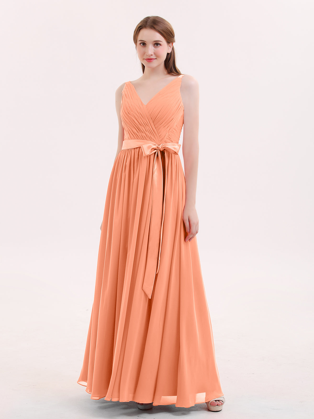 V Neck Chiffon Bridesmaid Dress with Satin Sash Bow-Papaya Plus Size ...