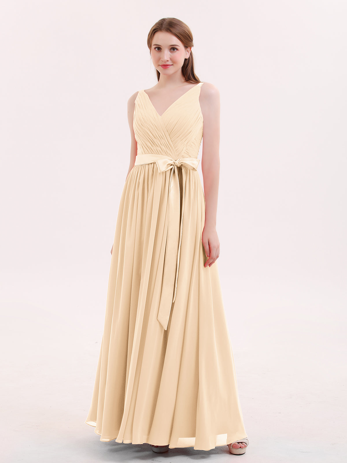 BABARONI V Neck Chiffon Bridesmaid Dress with Satin Sash Bow-Peach, Peach / US0