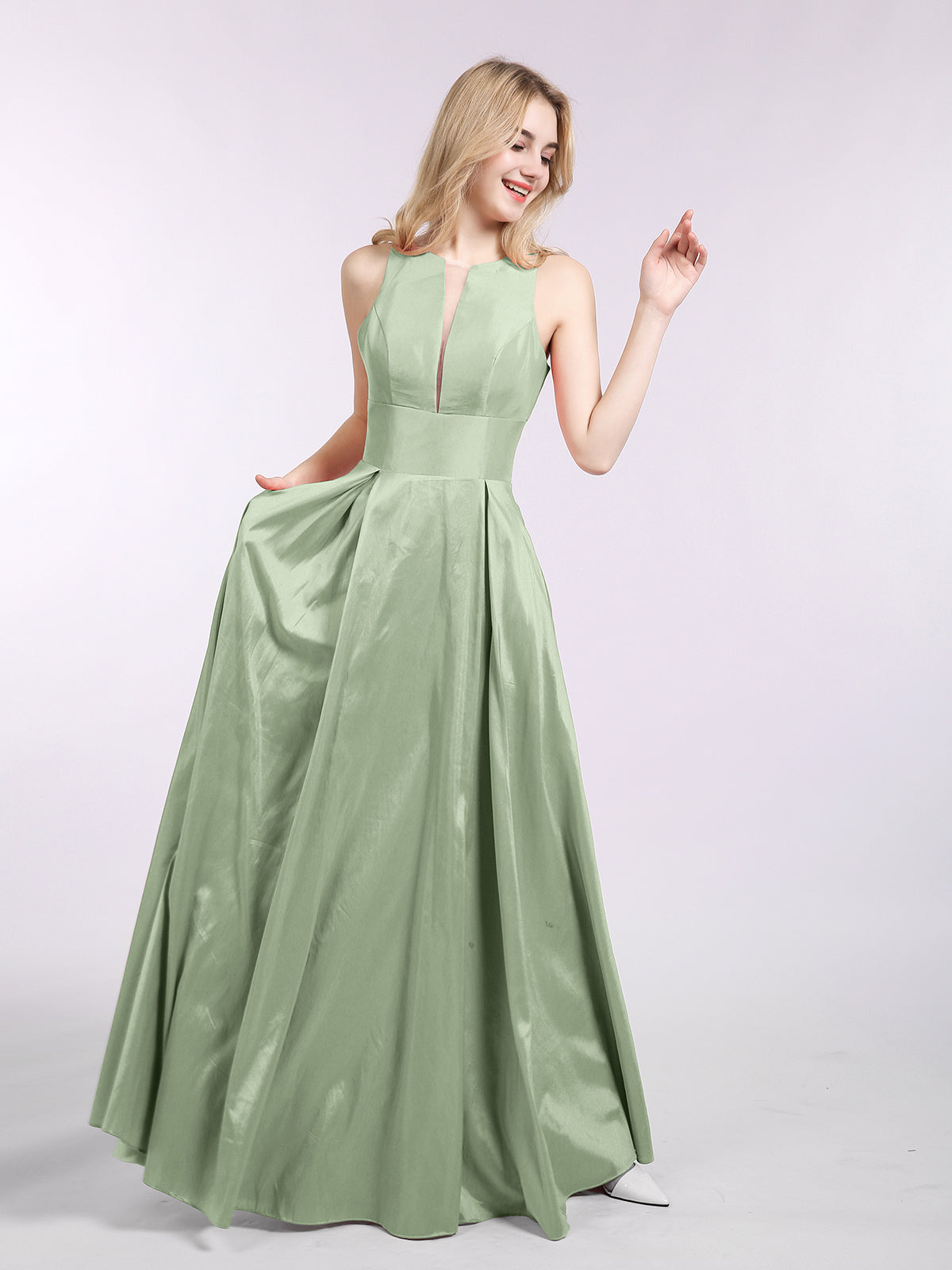 BABARONI A-Line Taffeta Long Dress with Pockets-Dusty Sage, Dusty Sage / US0