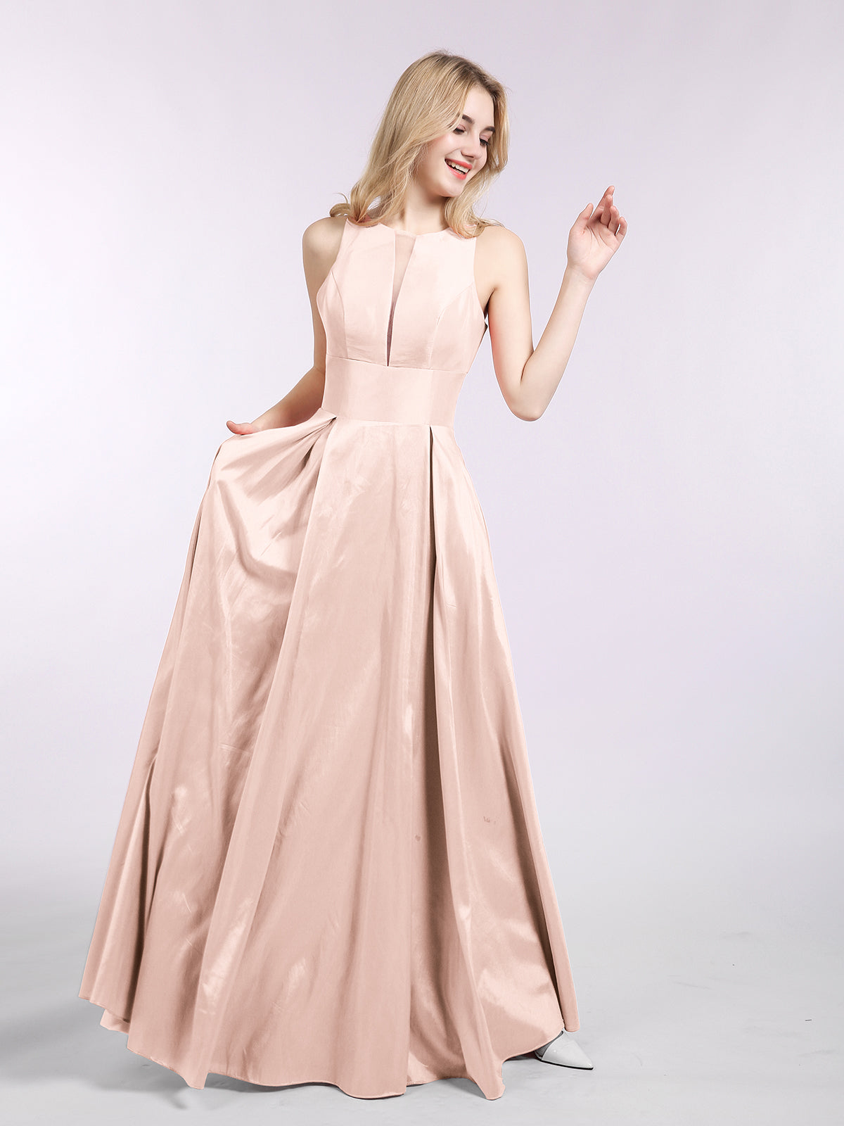 BABARONI Satin Pearl Pink Bridesmaid Dresses Scoop Floor-length Sleeveless Pocket A-line BABARONI Satin Pearl Pink Bridesmaid Dresses Scoop Floor-length Sleeveless Pocket A-line